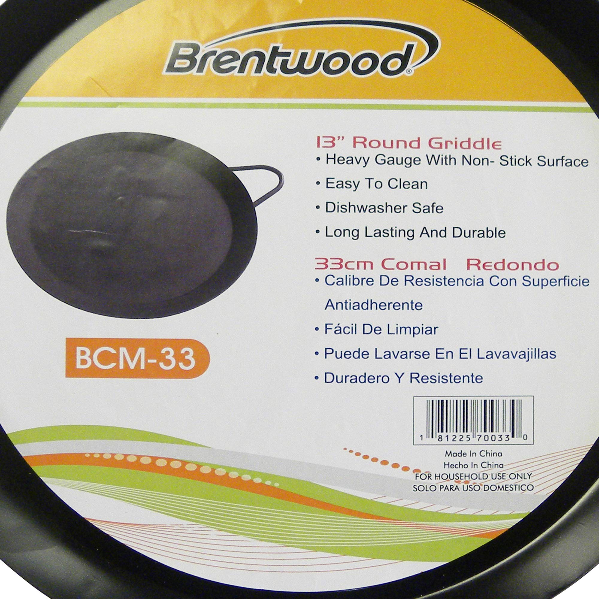 Brentwood BCM-33 13-Inch Carbon Steel Non-Stick Round Comal Griddle - Black, Stovetop Pan with Welded Handles
