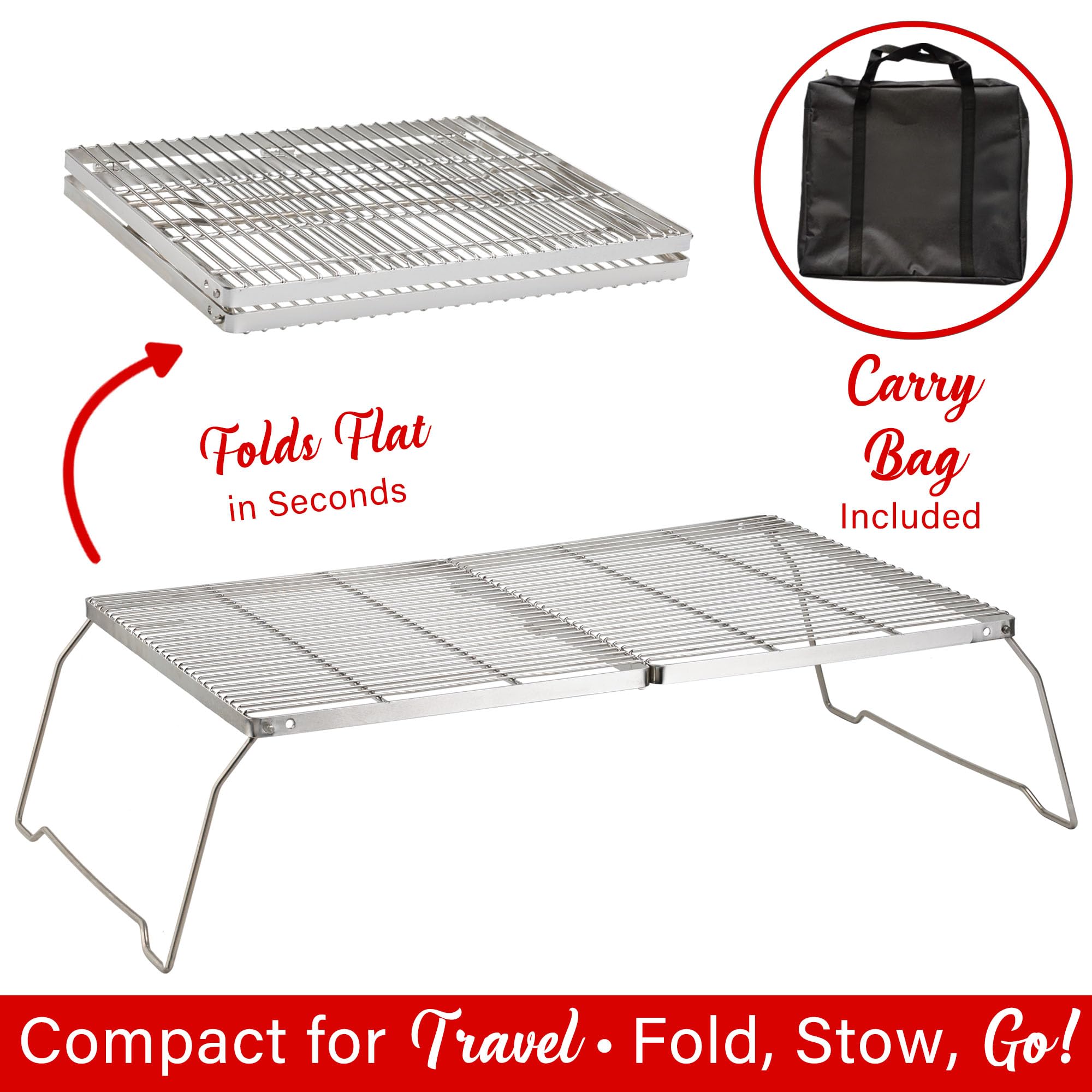 Brentwood BB-17X25SS 25 x 17 in Heavy-Duty Stainless Steel Portable Folding Campfire Grill with Carry Bag