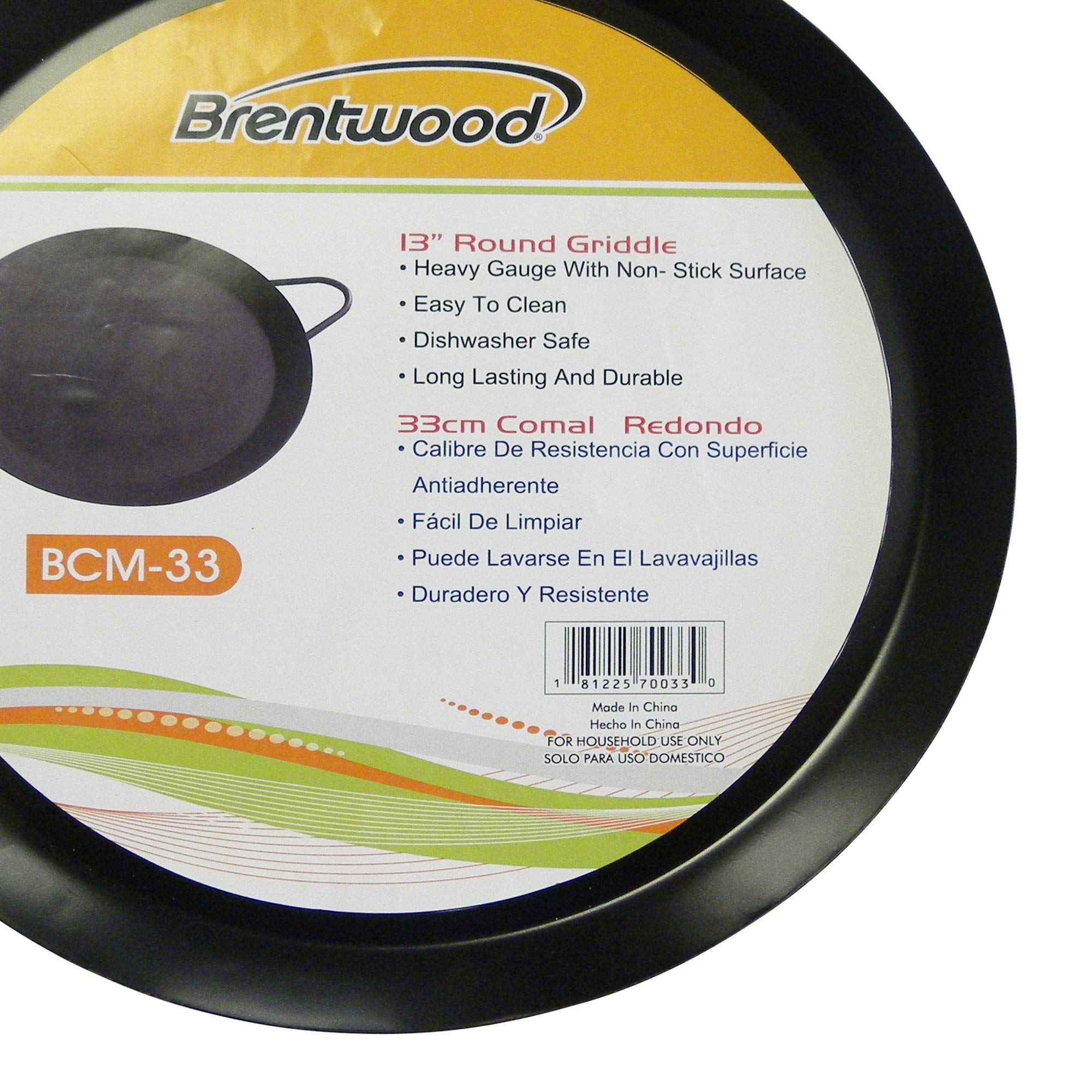 Brentwood BCM-33 13-Inch Carbon Steel Non-Stick Round Comal Griddle - Black, Stovetop Pan with Welded Handles