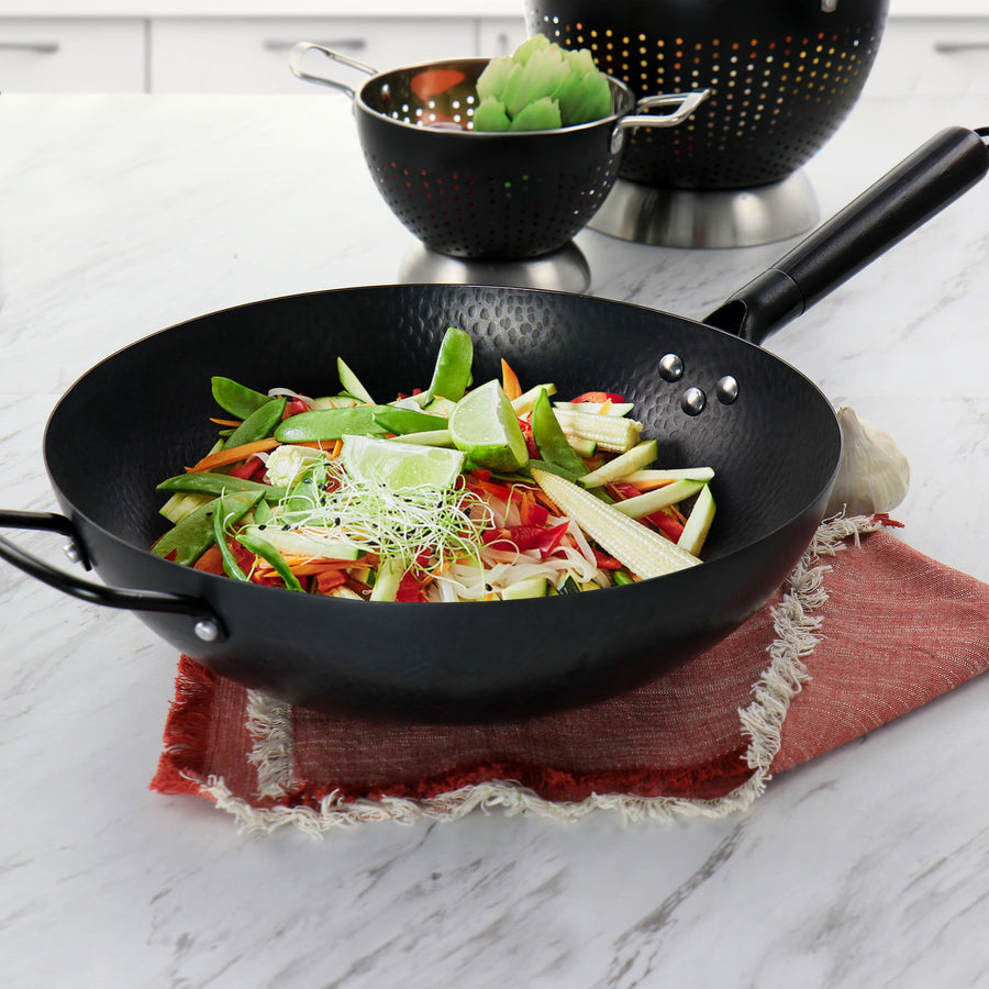 Gibson Home Hammered 13 Inch Heavy Gauge Carbon Steel Wok, Black