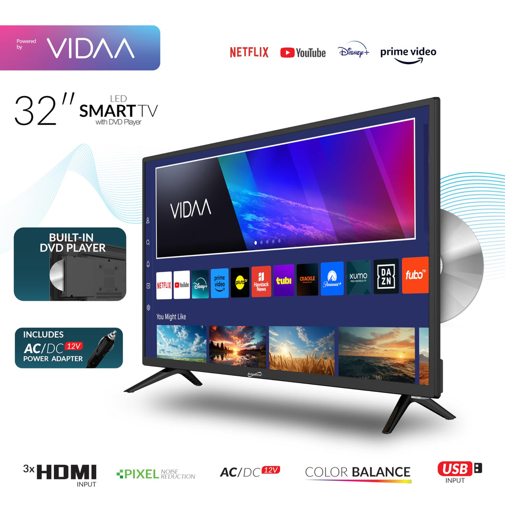 SuperSonic SC-3226SDVD 32-Inch LED Smart HDTV with Built-In DVD Player - VIDAA Smart TV, 3 HDMI, ATSC Tuner, 12V DC Compatible
