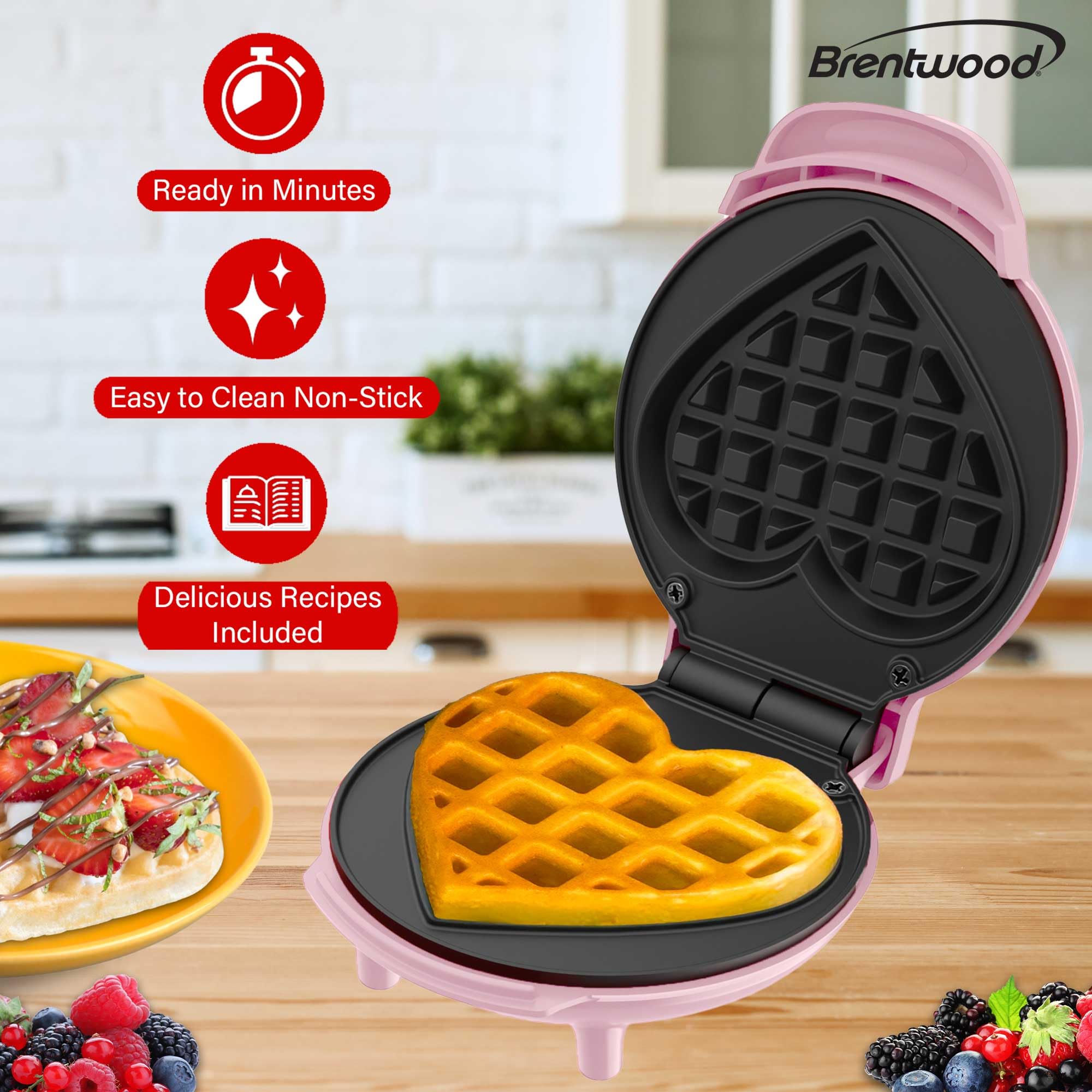 Brentwood TS-2144PK Non-Stick Heart Shaped 4 Inch Mini Waffle Maker - Pink, 400W
