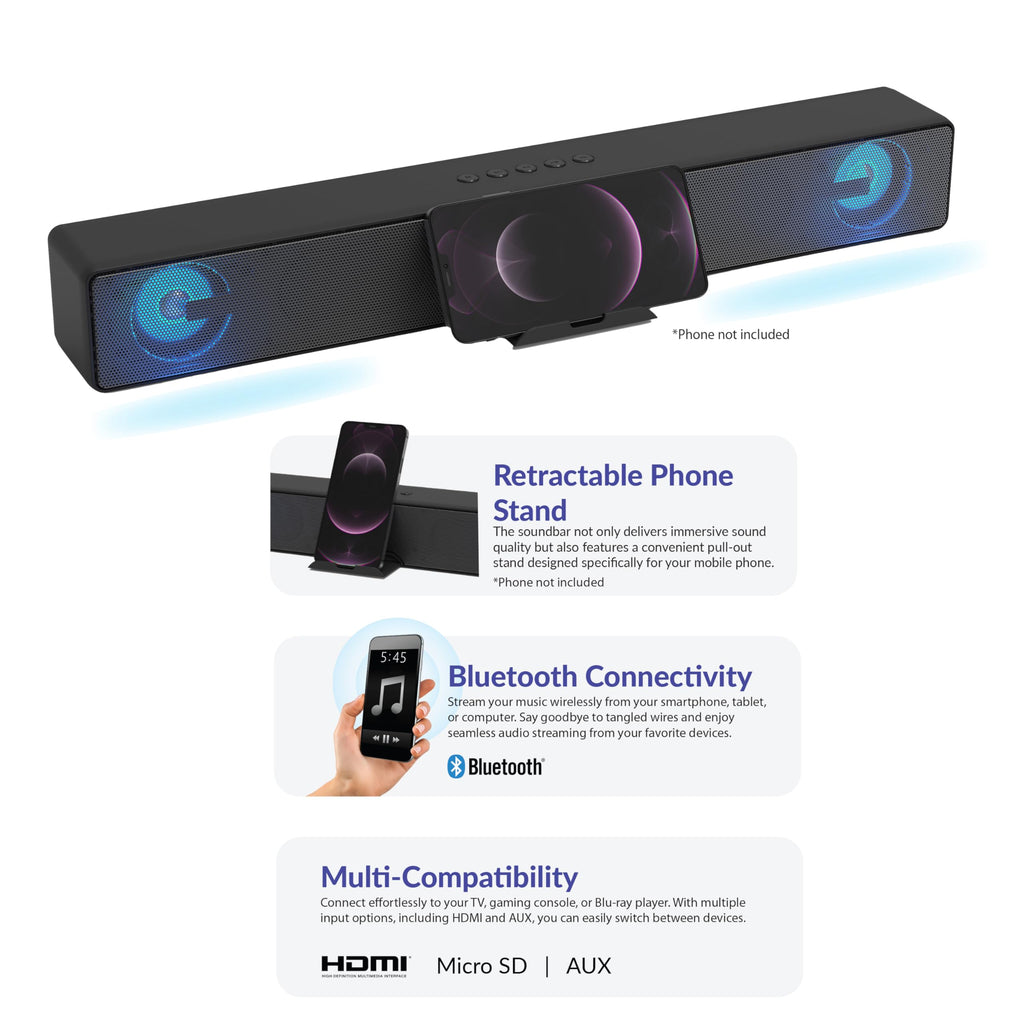 Supersonic Portable 2.0-Channel Bluetooth Soundbar with RGB Lights