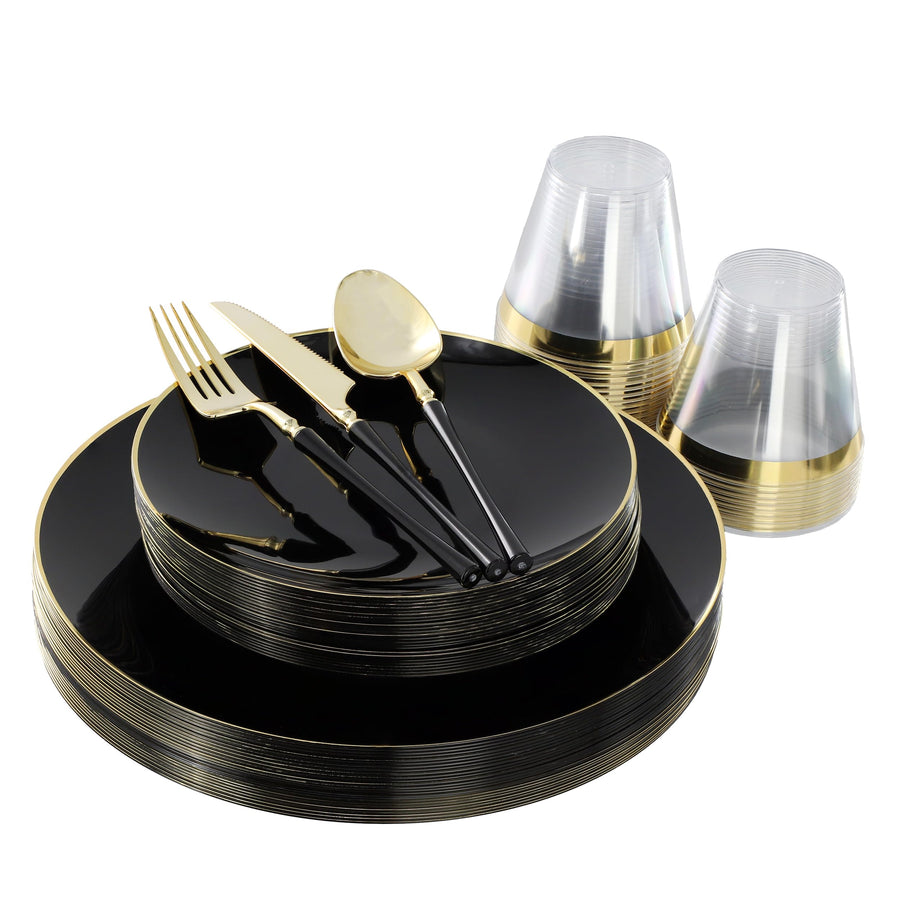 Elama 150 Piece Disposable Plastic Party Dinnerware Set for 25 Guests, Black with Gold Trim