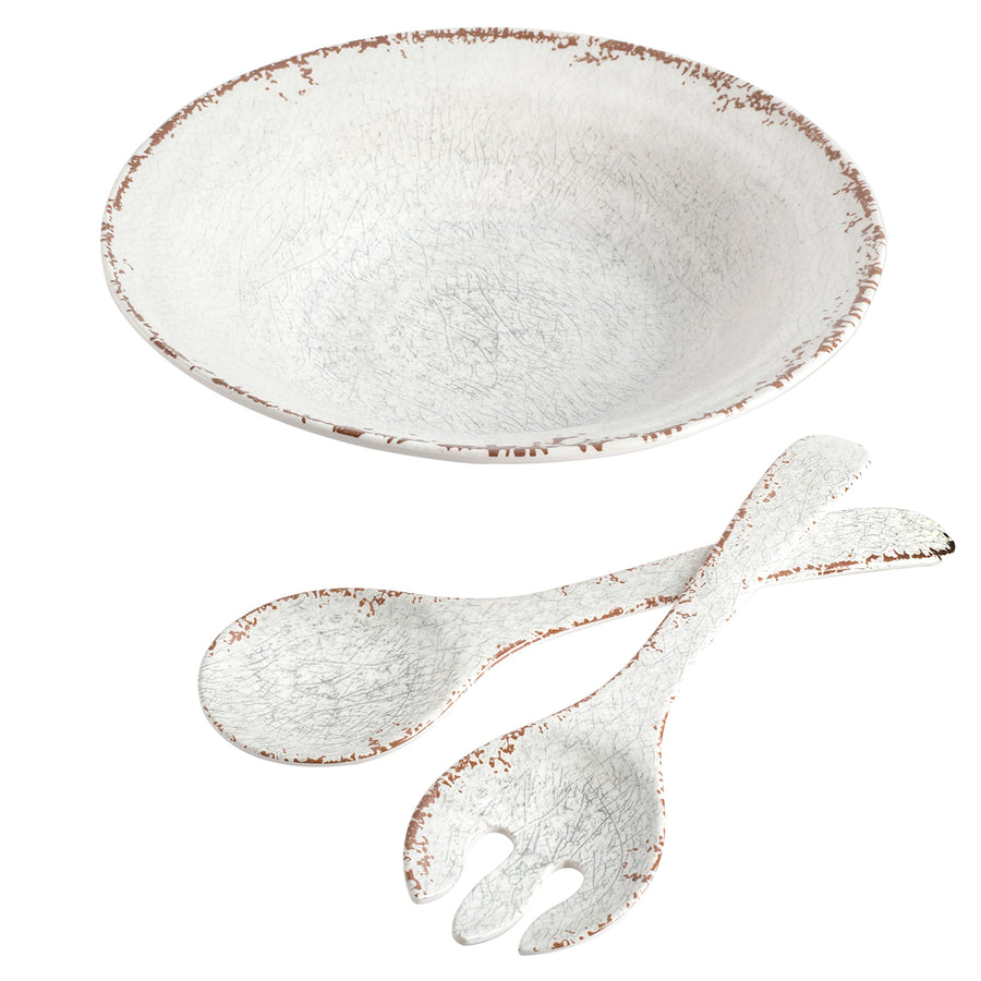 Gibson Home Mauna 3-Piece Melamine Salad Bowl Set with Servers, Ice White