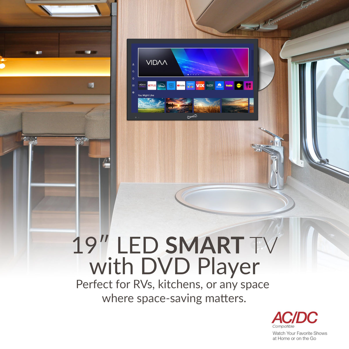 SuperSonic SC-1926SDVD 19 Inch VIDAA LED Smart TV with Built-In DVD Player, AC/DC 12V Compatible