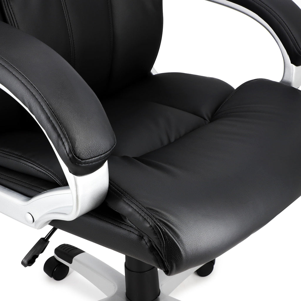 Elama Ergonomic Rolling Office & Gaming Chair – High-Back Executive Desk Chair with Faux Leather, Padded Armrests & 360° Swivel (Black with Silver Base)