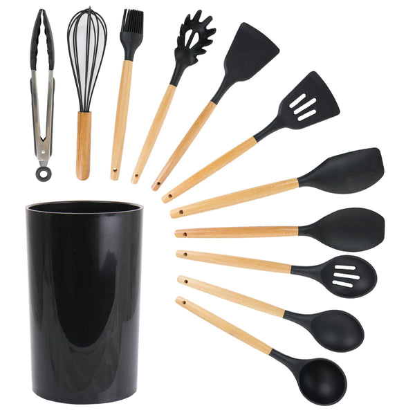 MegaChef 12-Piece Silicone & Wood Cooking Utensil Set, Black, Nonstick-Safe with Countertop Holder