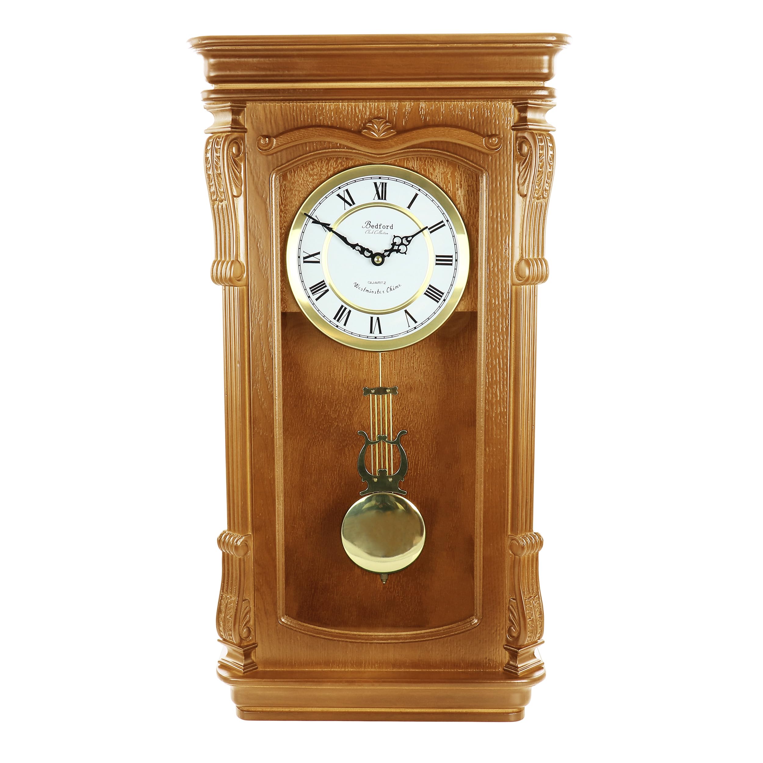 Bedford Clock Collection Golden Oak Chiming Pendulum Wall Clock – Quartz Westminster Chimes, Golden Accents with Swinging Pendulum & Roman Numeral Dial