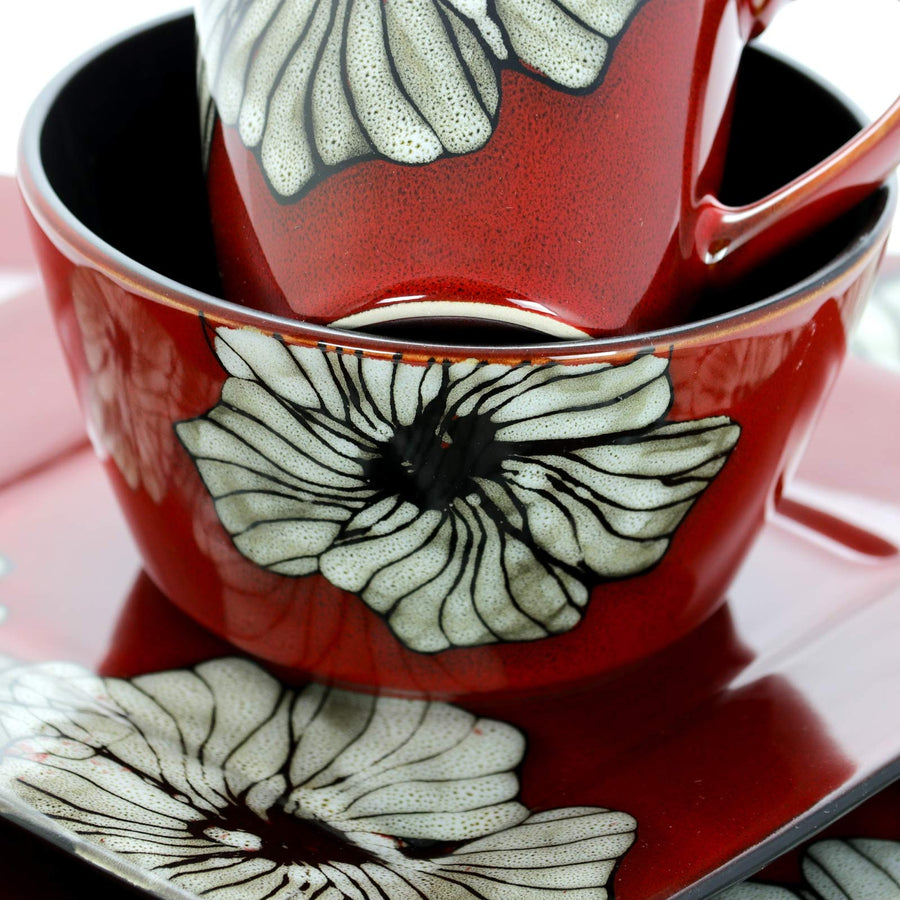 Elama Winter Bloom 16-Piece Red Square Stoneware Dinnerware Set - Service for 4