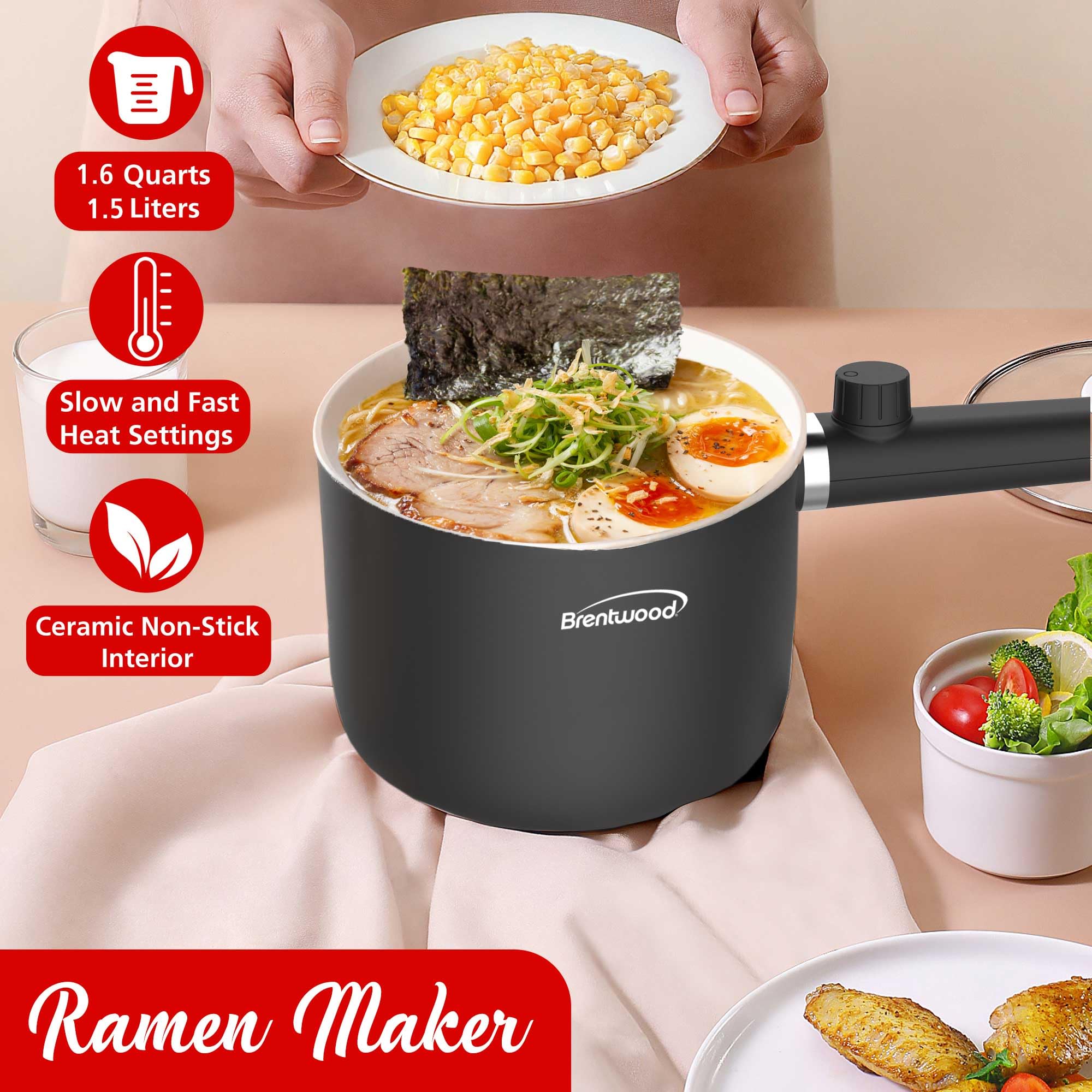Brentwood HPS-3150BK 1.5L Multi-Function Electric Hot Pot Cooker with Steamer - Black