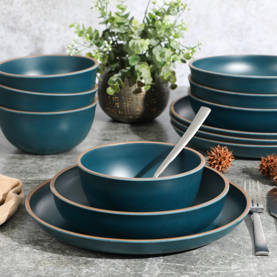 Gibson Home Rockabye 12 Piece Melamine Dinnerware Set in Dark Teal