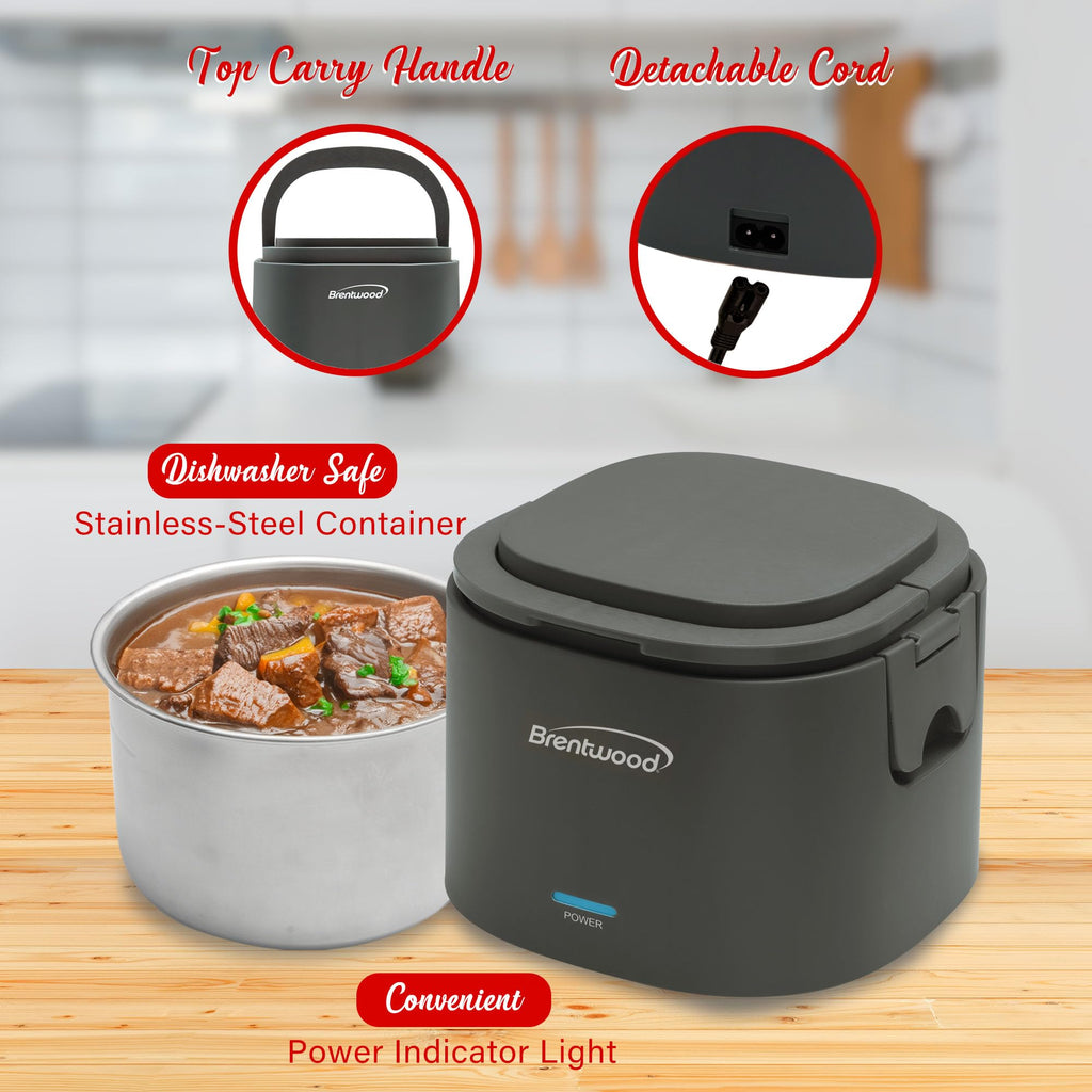 Brentwood ELB-600GRY 0.6L Portable Leakproof Electric Lunch Box - Gray, 50W Food Warmer with Removable Stainless Steel Container