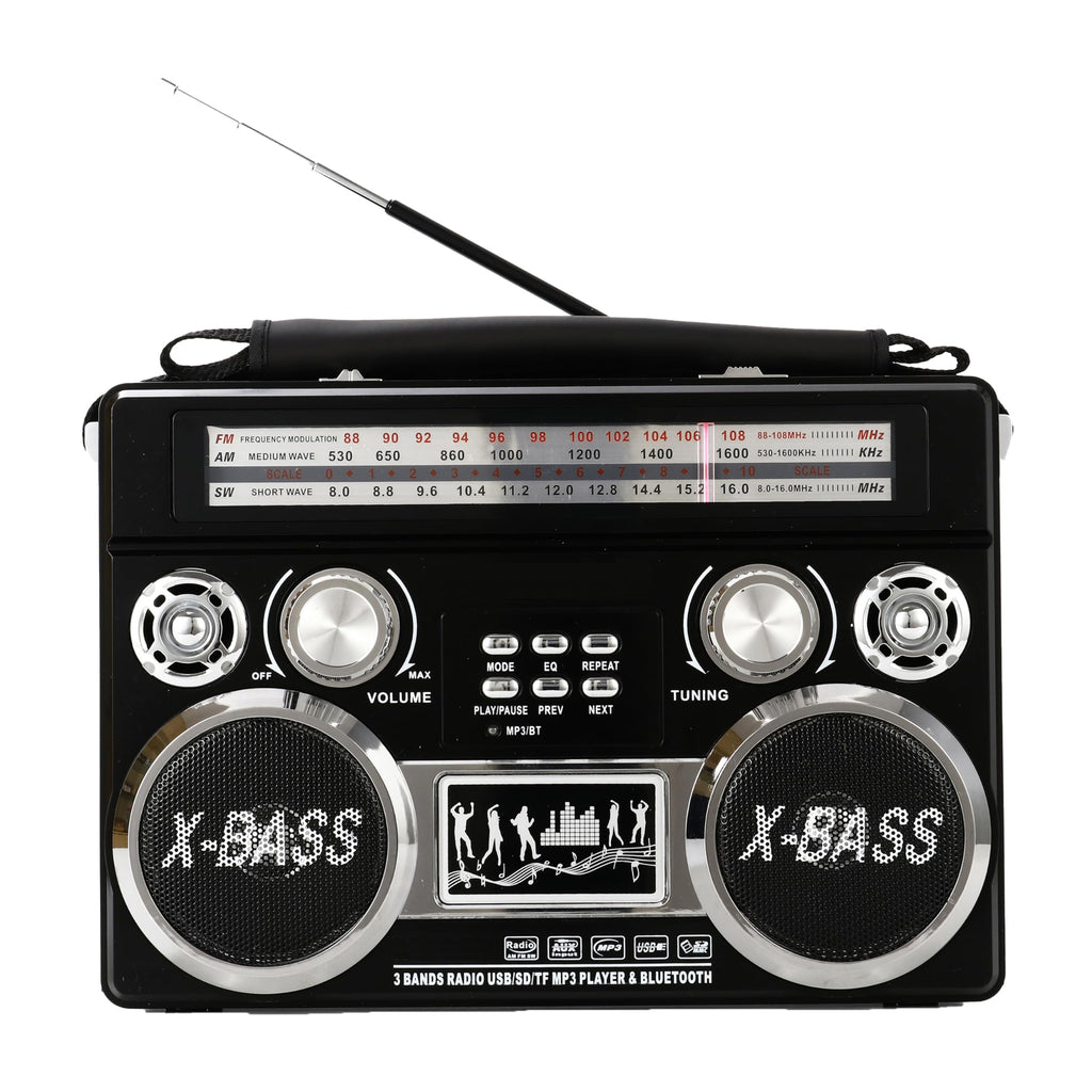 SuperSonic SC-1097BT retro 3-band AM/FM/shortwave Bluetooth radio with flashlight, black