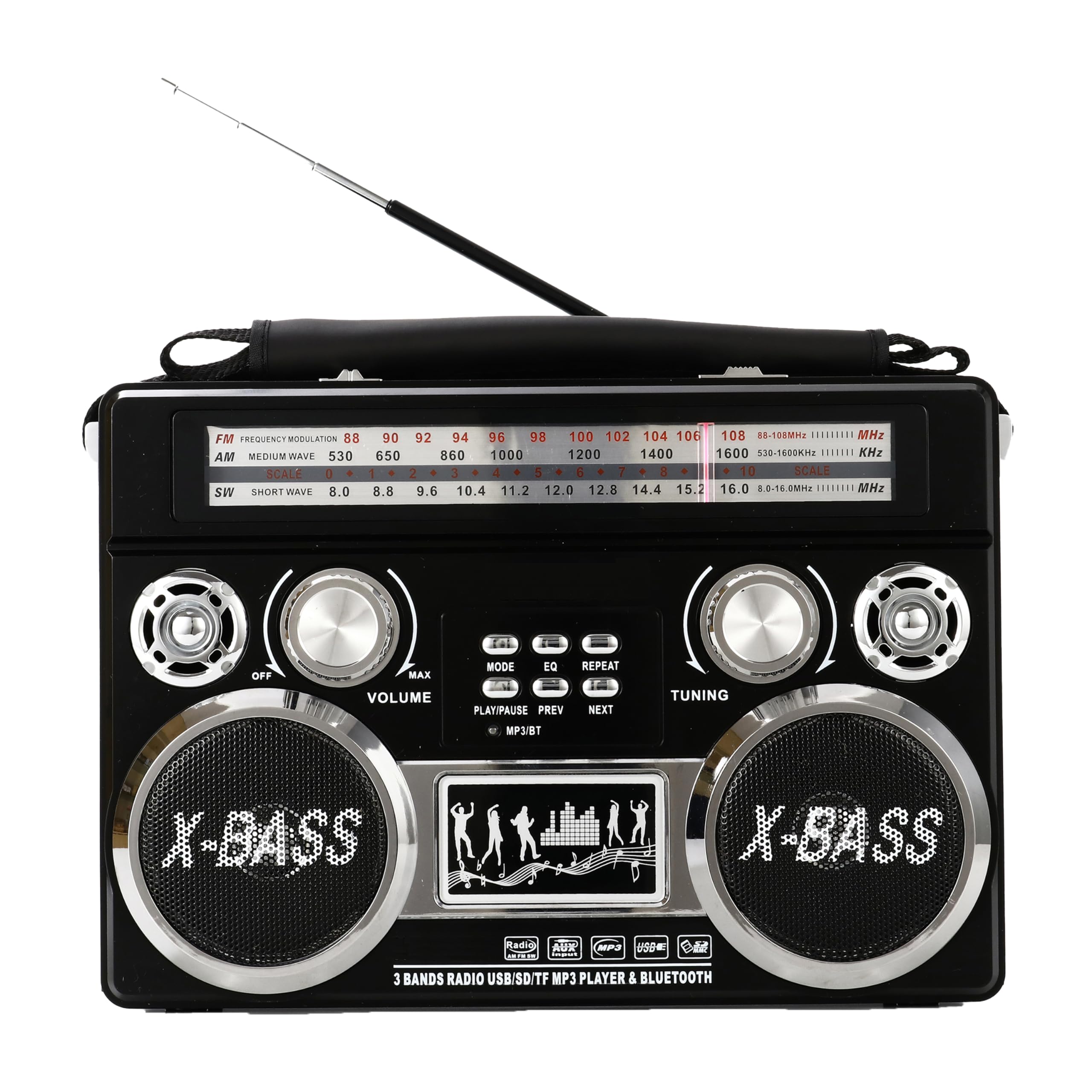 SuperSonic SC-1097BT retro 3-band AM/FM/shortwave Bluetooth radio with flashlight, black