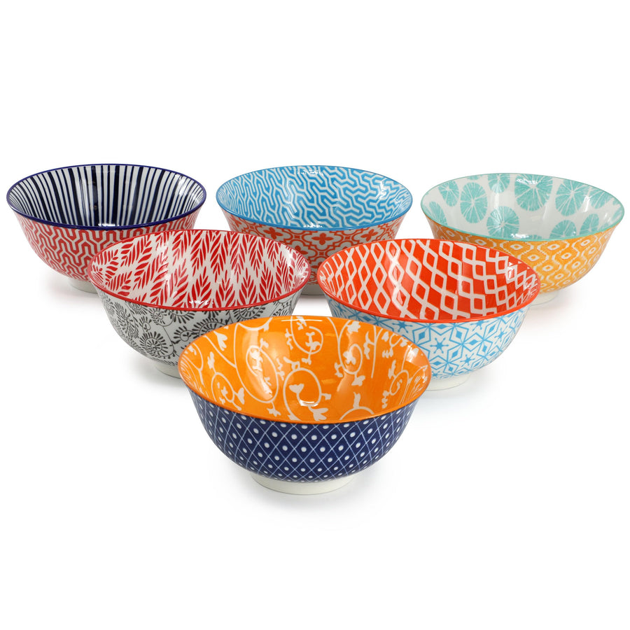 Elama Roxey 6-Piece 20 oz Porcelain Footed Bowl Set, Assorted Multicolor Designs