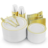 Disposable Plastic Dinnerware Set for 100 Guests, 600 Pieces, White with Gold Trim, by Elama