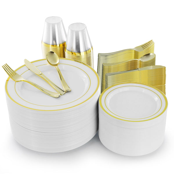 Disposable Plastic Dinnerware Set for 100 Guests, 600 Pieces, White with Gold Trim, by Elama