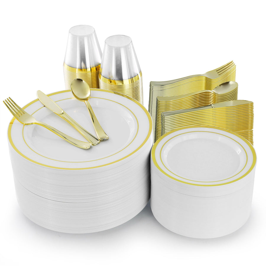 Disposable Plastic Dinnerware Set for 100 Guests, 600 Pieces, White with Gold Trim, by Elama