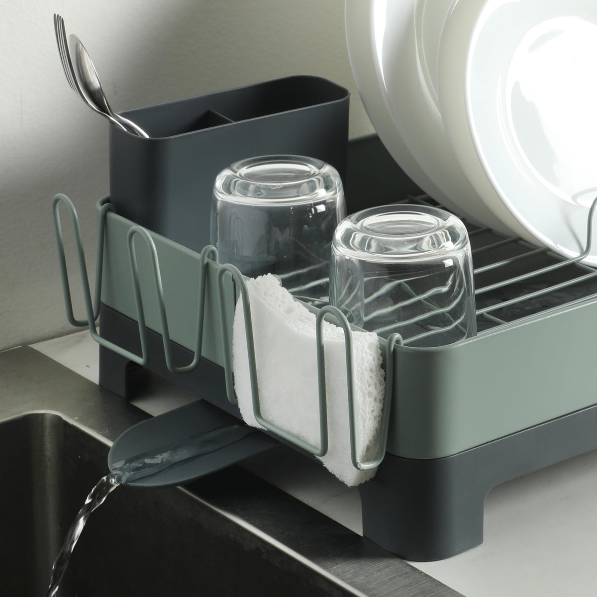 Gibson Home Nestcraft Rust-Resistant Stainless Steel Dish Rack with Swivel Drain Spout & Utensil Holder - Green