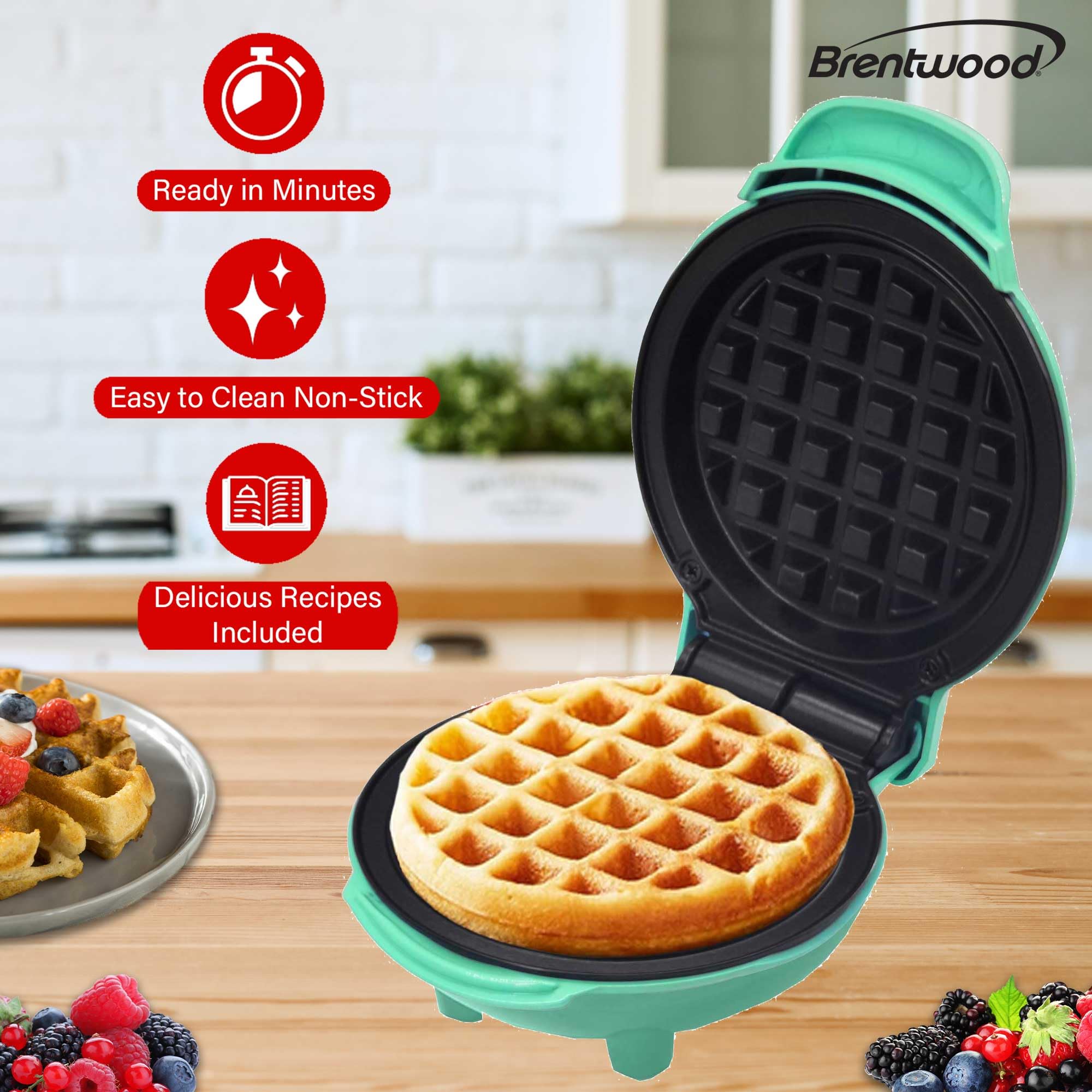 Brentwood TS-2141BL 5-Inch Non-Stick Mini Waffle Maker - Blue, 400W Multi-Use Maker for Waffles, Chaffles & Hash Browns