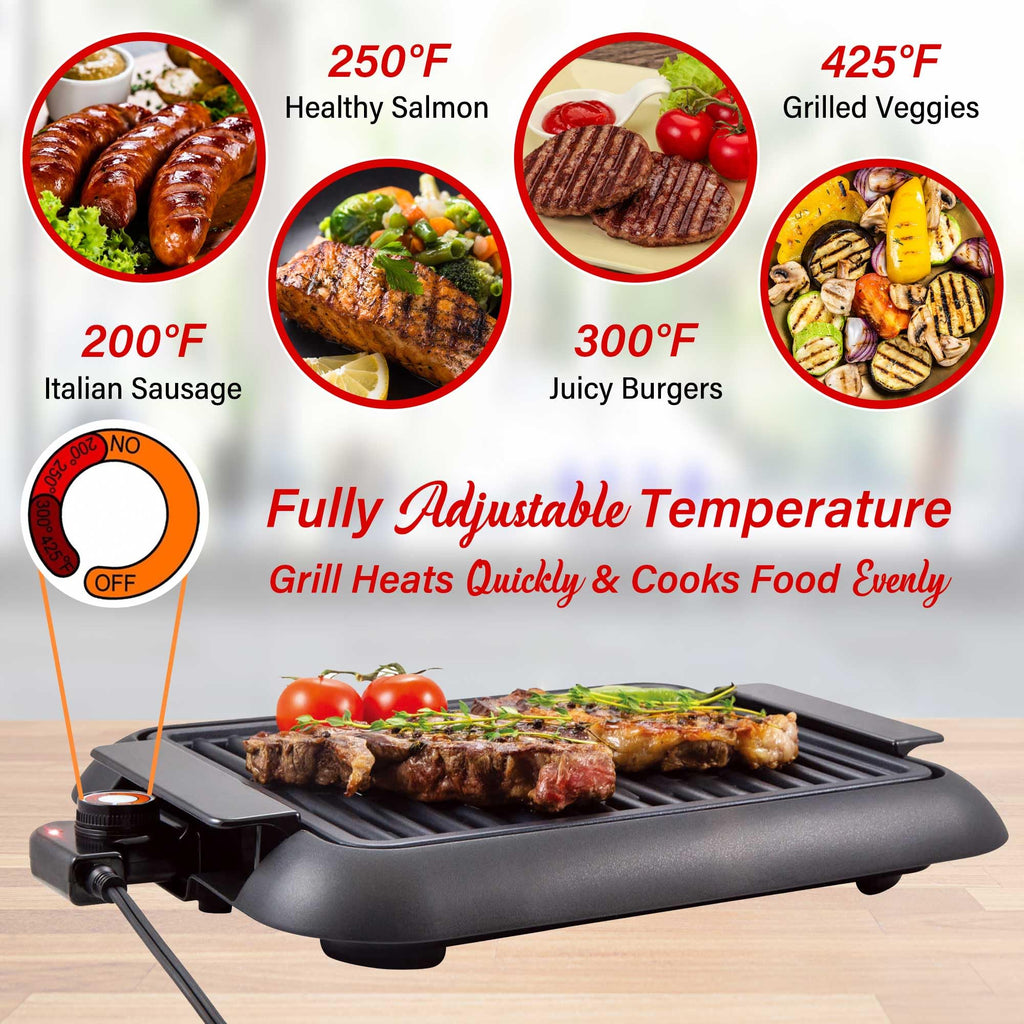 Brentwood TS-643BK 1200W Electric Smokeless Indoor Grill - Black, 12.6 x 10 Inch Ceramic Non-Stick, 200-425°F Adjustable