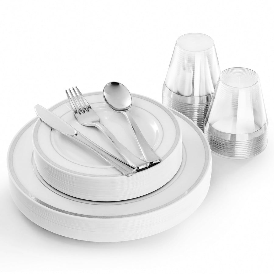 Elama 150-Piece Disposable Plastic Dinnerware Party Set for 25 Guests, Plates, Cups and Cutlery, White with Silver Trim