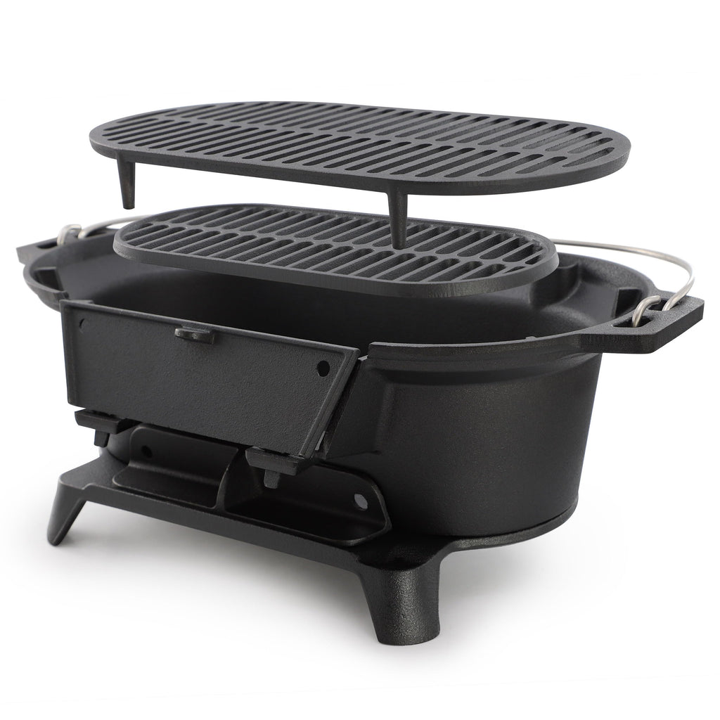 MegaChef Oval Cast Iron Portable Hibachi Charcoal Grill – Black Outdoor Tabletop BBQ for Camping & Tailgating