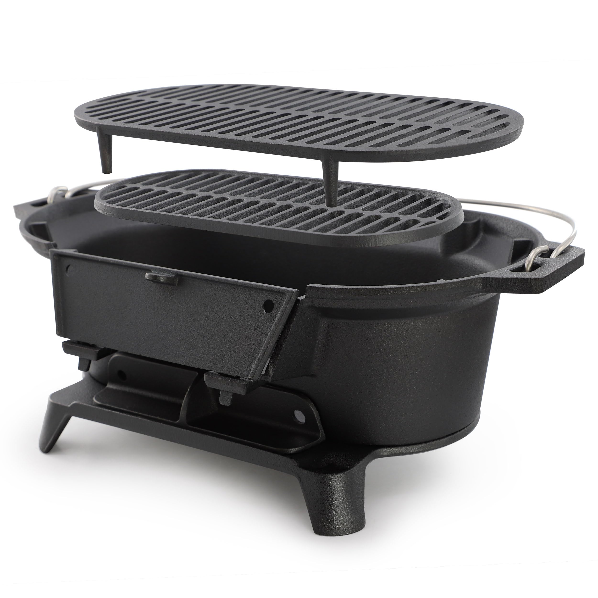 MegaChef Oval Cast Iron Portable Hibachi Charcoal Grill – Black Outdoor Tabletop BBQ for Camping & Tailgating