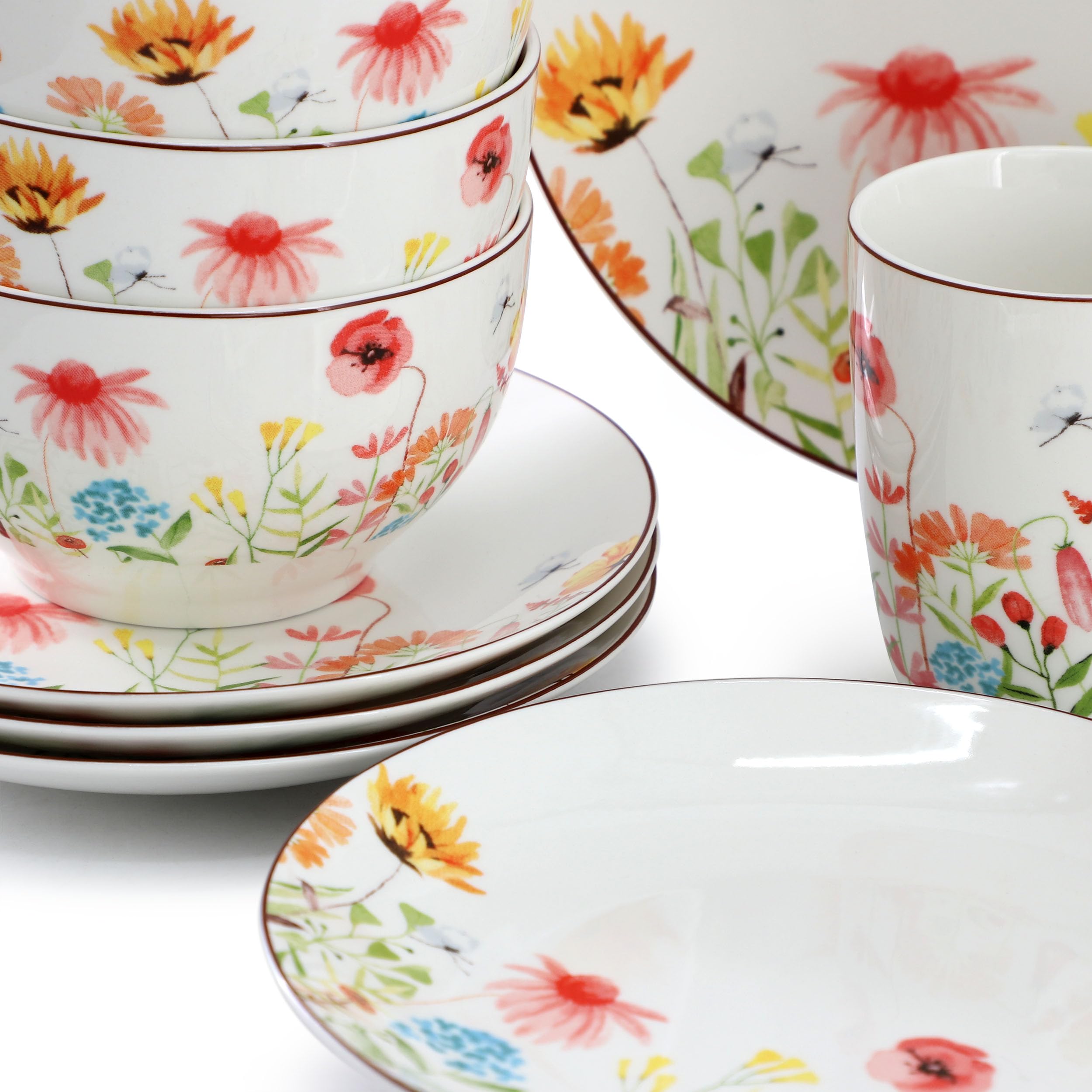 Elama Wildflower Meadow 16-Piece Porcelain Dinnerware Set – Service for 4, Floral Plates, Bowls & Mugs, Microwave & Dishwasher Safe