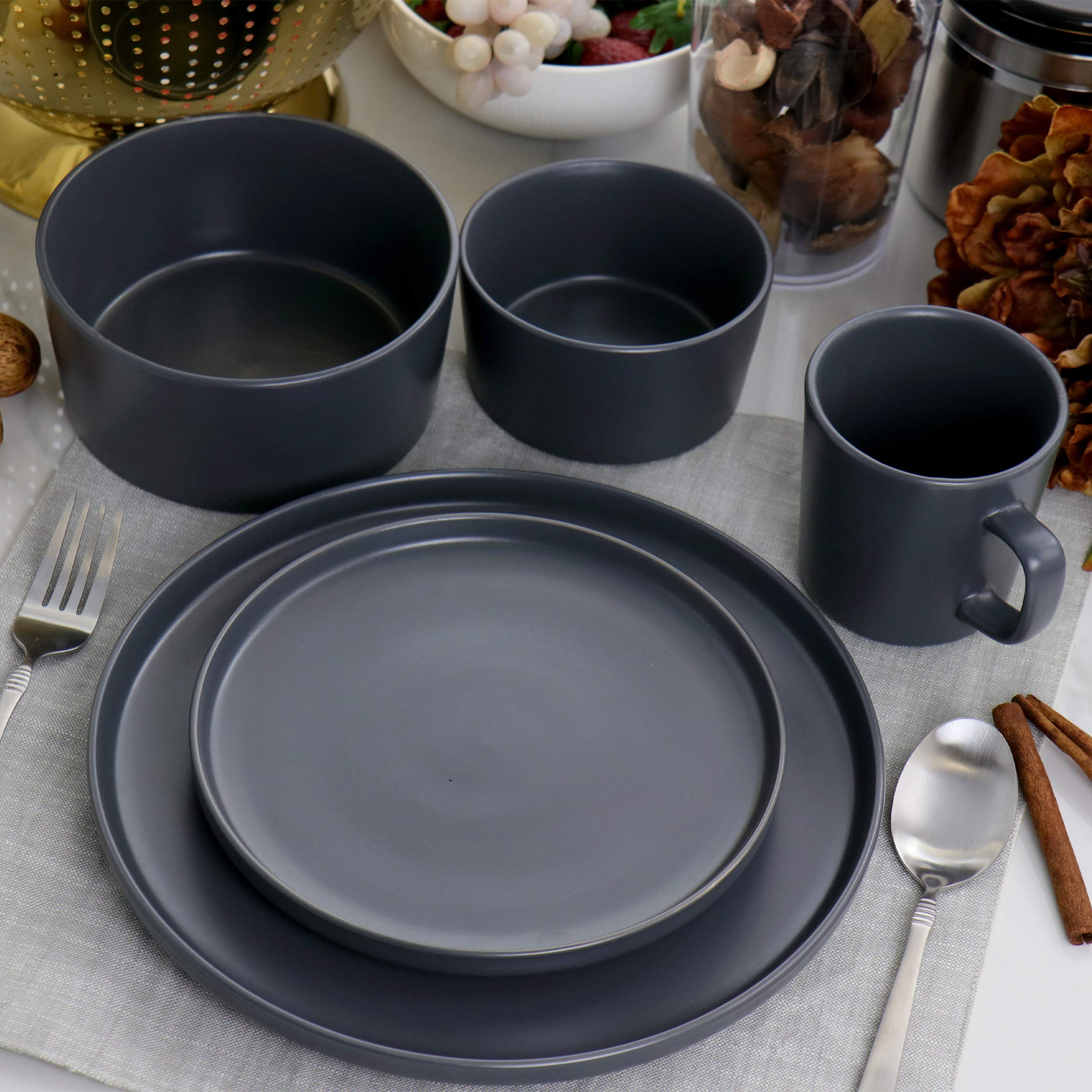 Elama Luxmatte 20-Piece Matte Stoneware Dinnerware Set – Dark Grey Contemporary Service for 4