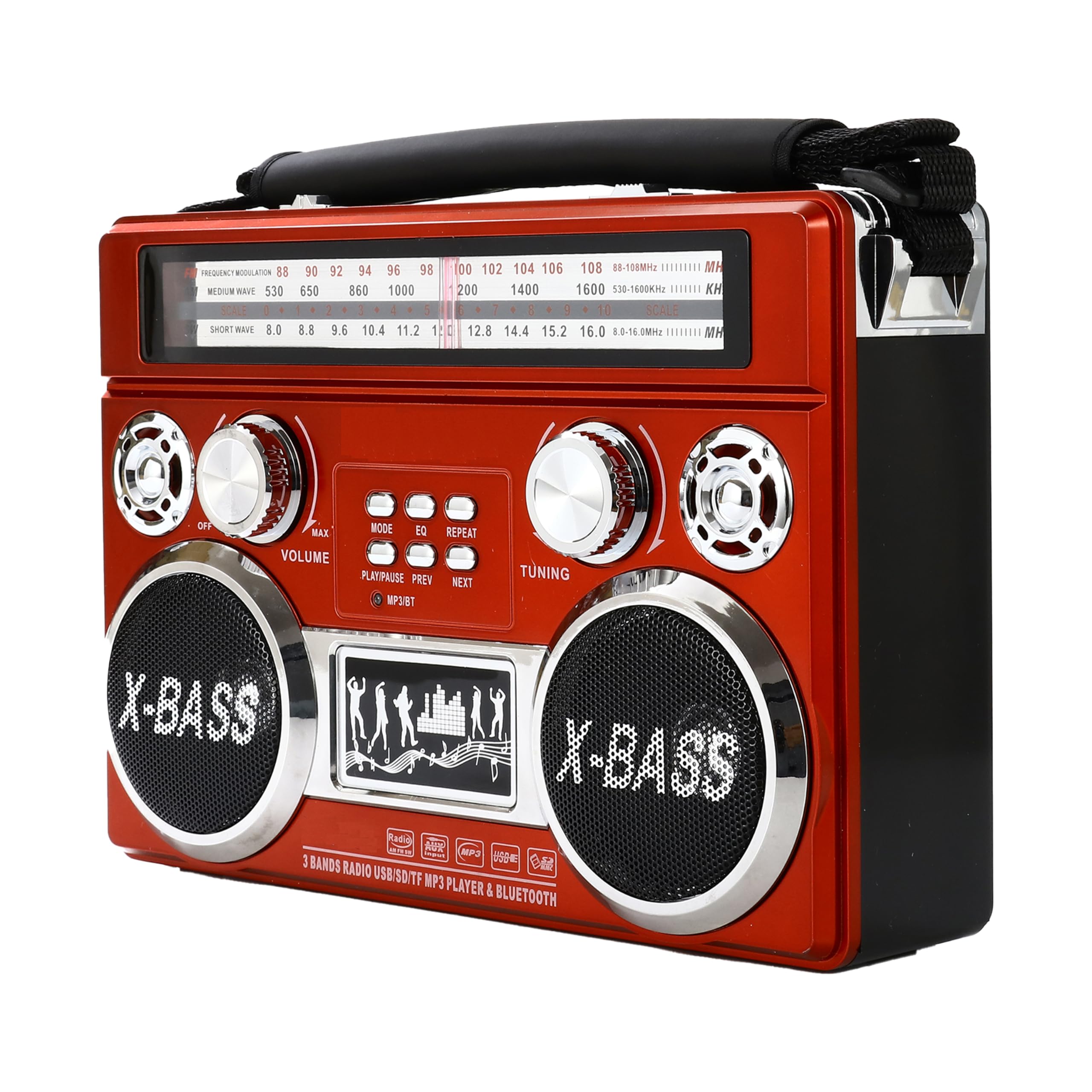 SuperSonic SC-1097BT 3-Band AM/FM/SW Bluetooth Radio with Flashlight - Red
