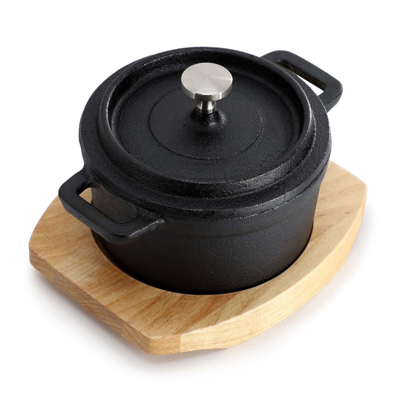 MegaChef 8 oz Pre-Seasoned Cast Iron Mini Dutch Oven with Birch Wood Serving Tray