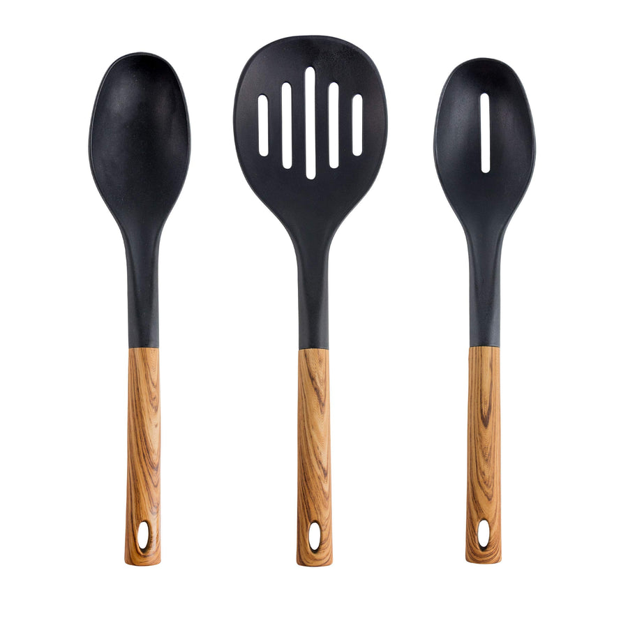 Black nylon spoon, slotted skimmer and slotted spoon with wood-look handles