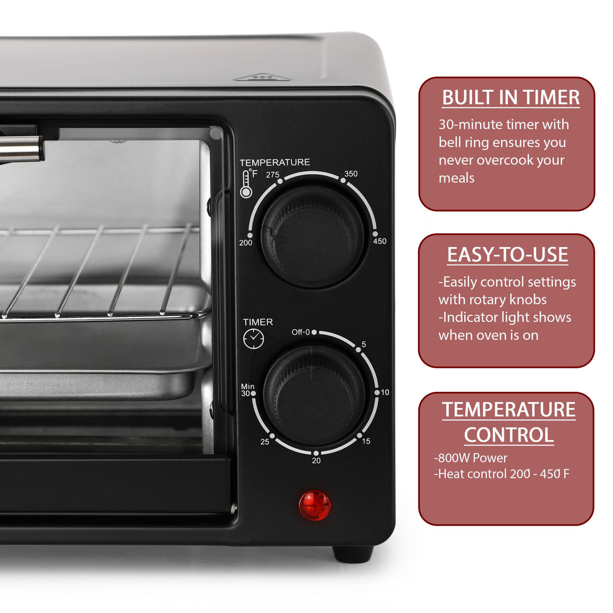2-Slice Toaster Oven, 9.5 Qt, 800W with Bake, Broil, Toast and 30-Minute Timer, Matte Black, by MegaChef