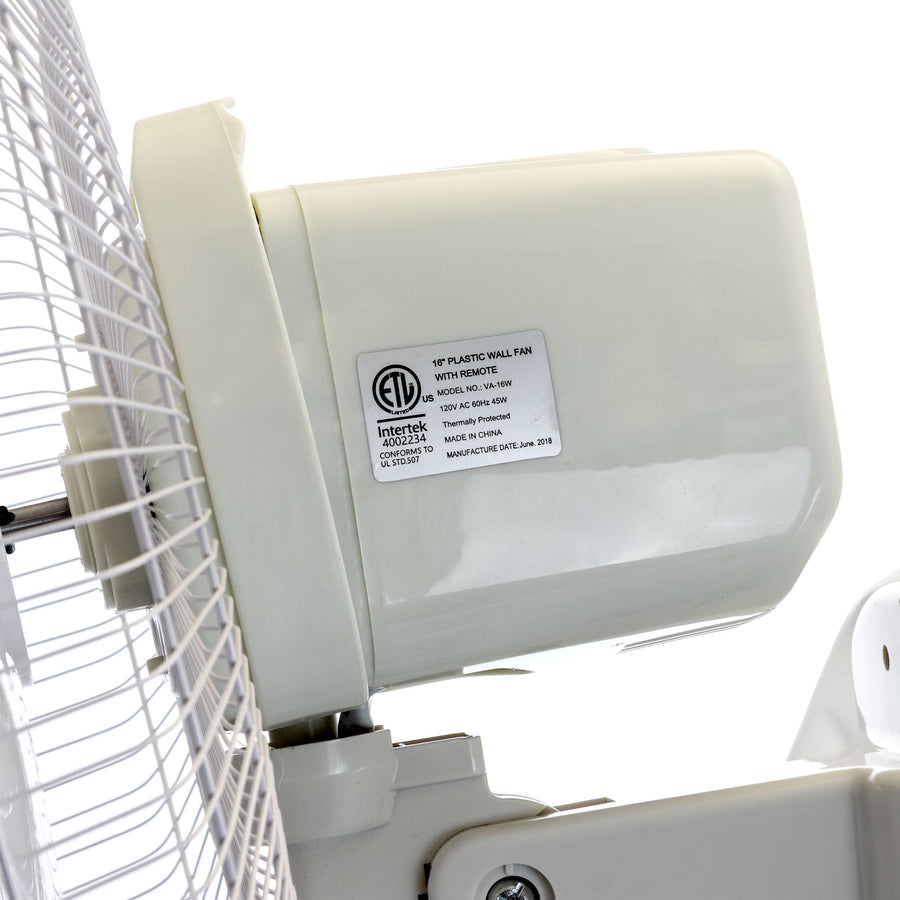 Vie Air VA-16W 16 Inch Plastic Wall Fan with Remote Control, White, 3-Speed Oscillating