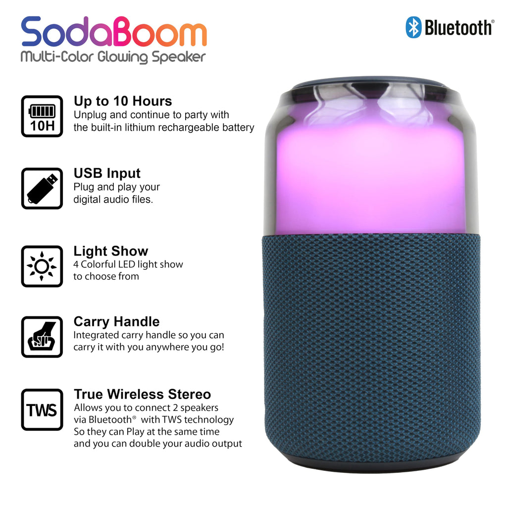 SuperSonic SodaBoom SC-2335BT Portable Bluetooth 5.4 LED Speaker with TWS Pairing - Blue