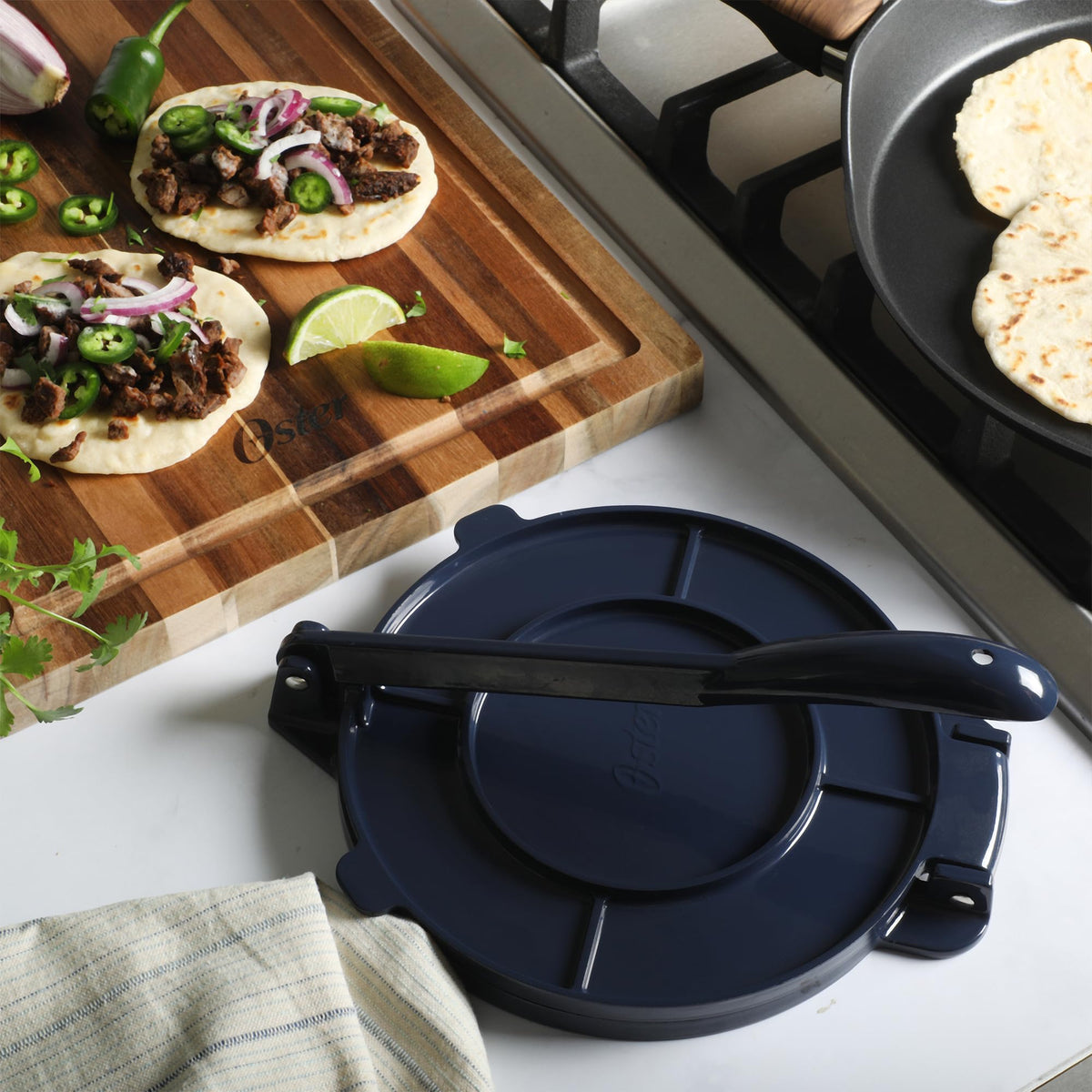 Oster Ravello Tortilla Press, 8 Inch Cast Aluminum with Riveted Lever Handle, Blue