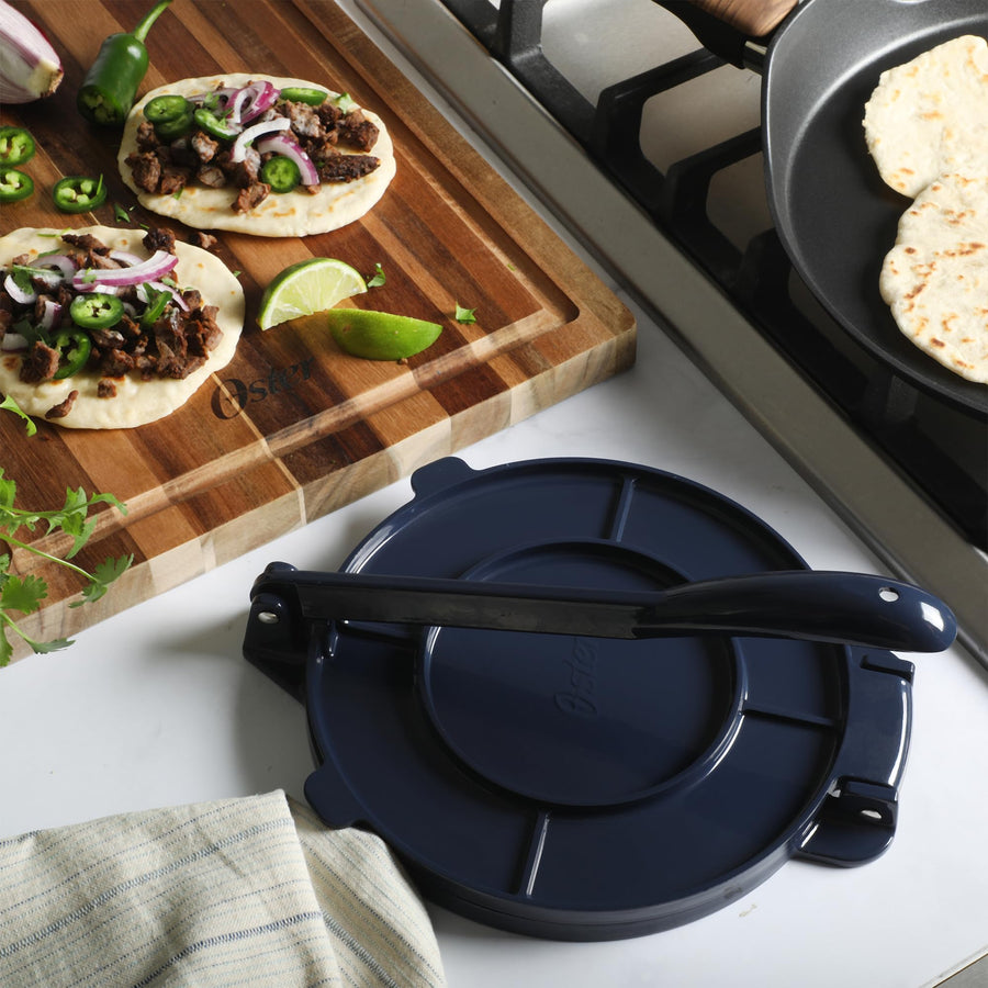 Oster Ravello Tortilla Press, 8 Inch Cast Aluminum with Riveted Lever Handle, Blue