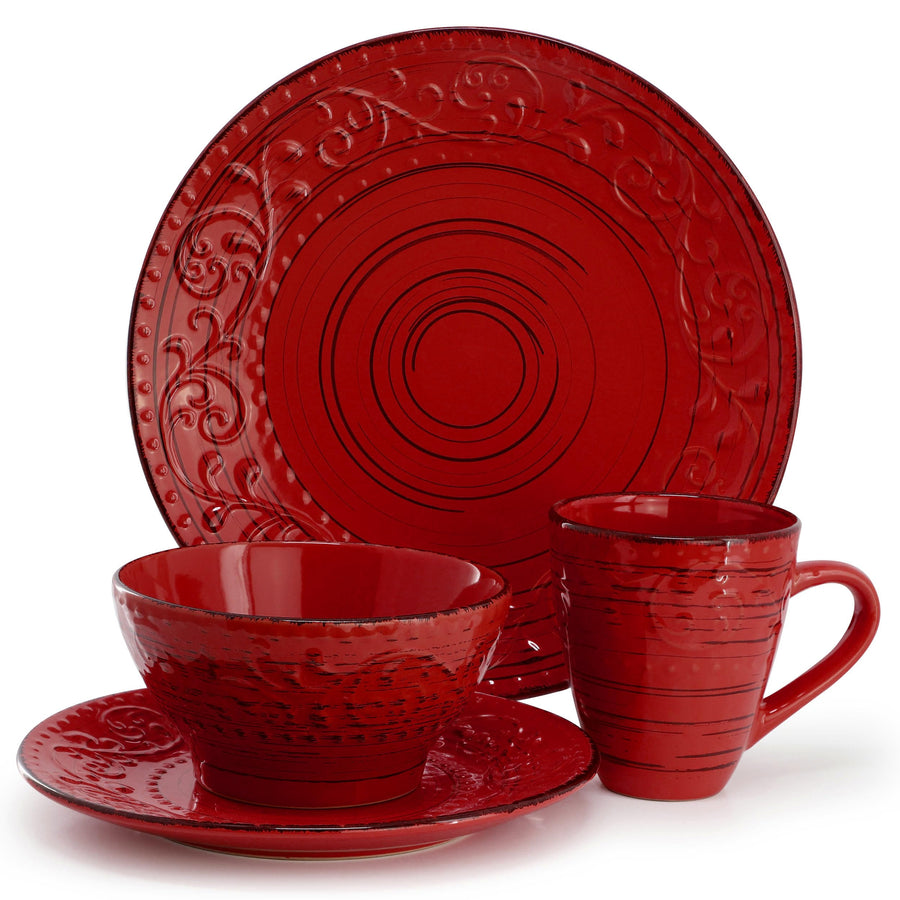 Elama Malibu Ocean Bloom 16-Piece Stoneware Dinnerware Set, Reactive Glaze Red - Service for 4