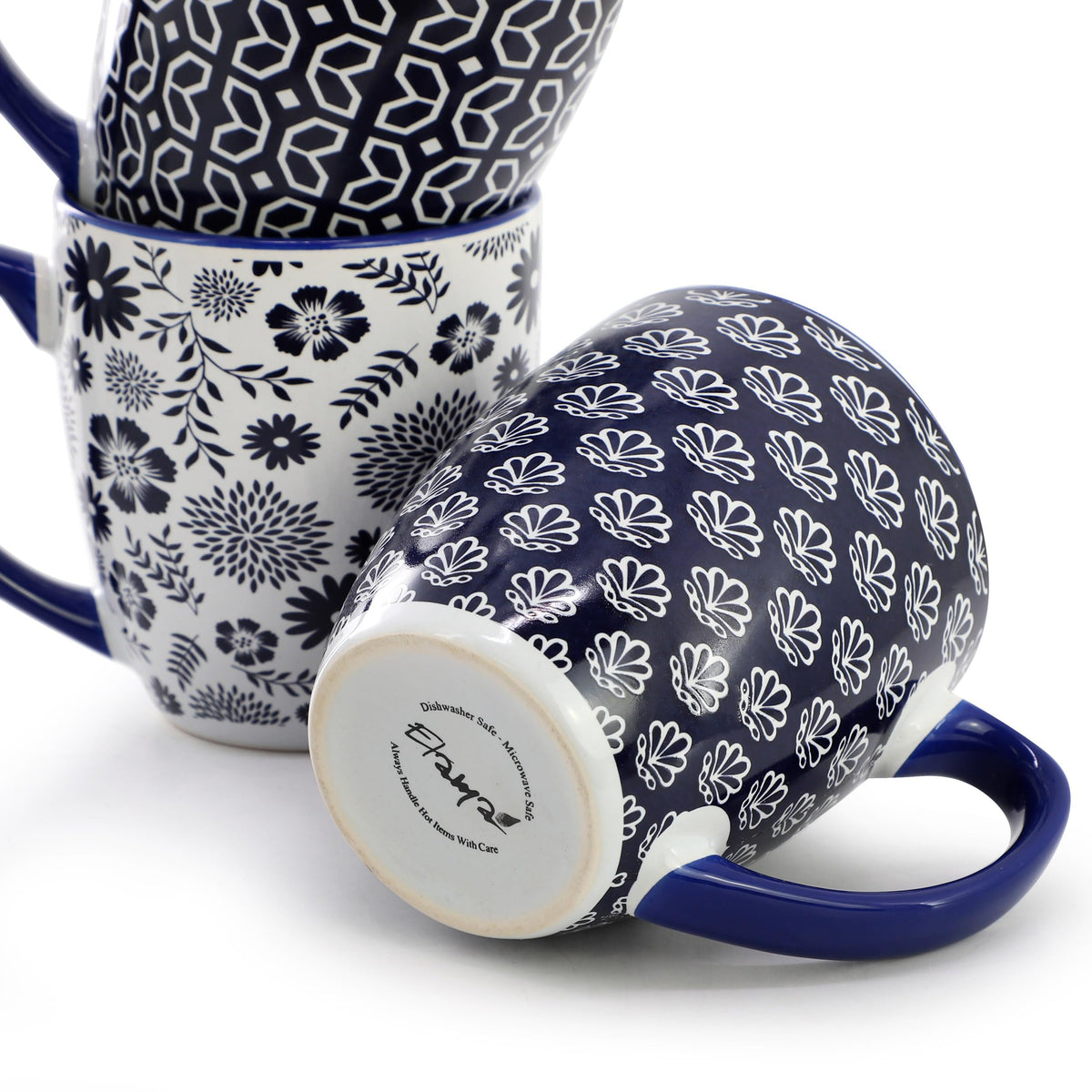 Stoneware Coffee Mug Set of 6, 16 Oz, Assorted Navy Blue and White Designs, by Elama Flyn