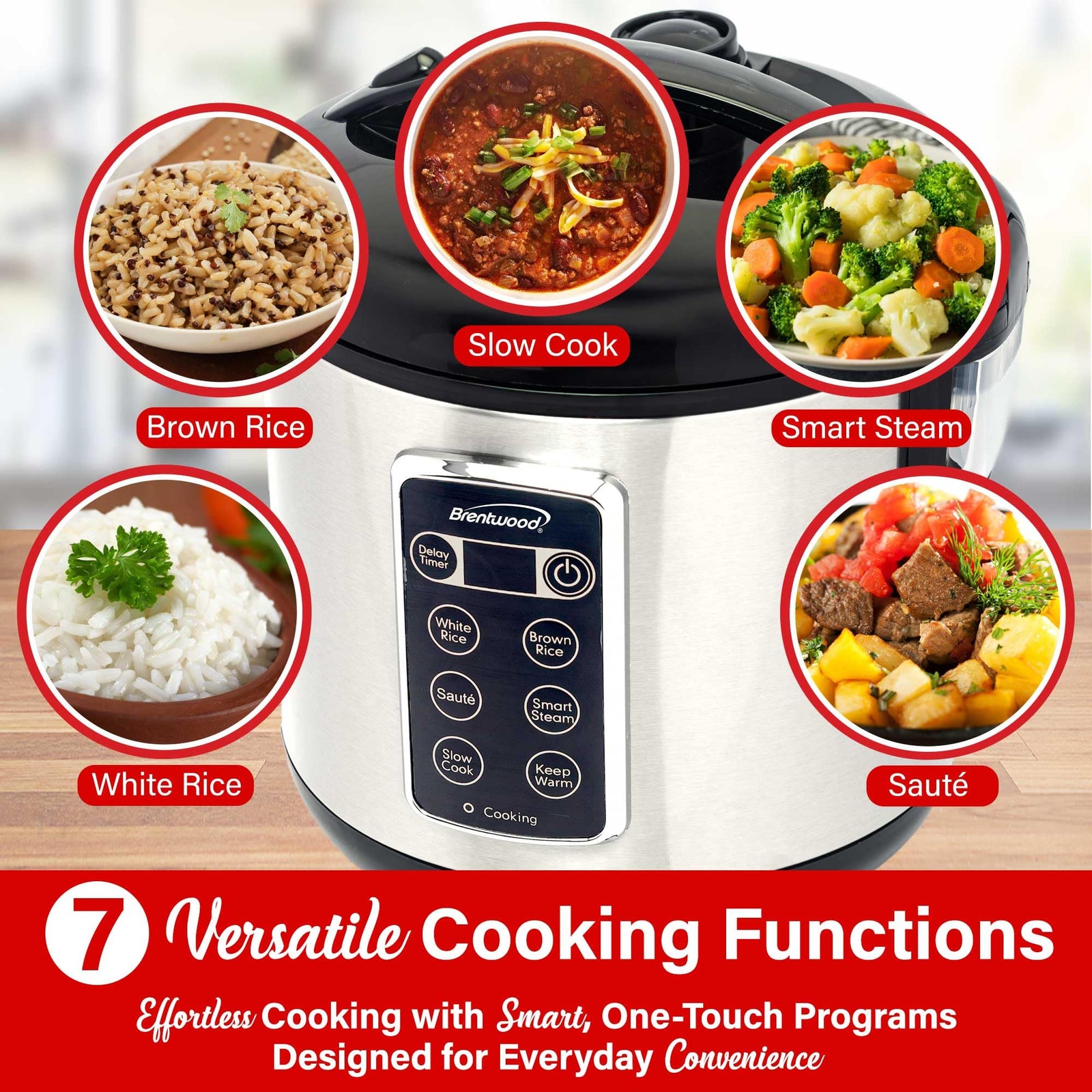 Brentwood RC-5116DS 6-Function Smart Multi-Cooker, 16 Cups Cooked, Stainless Steel