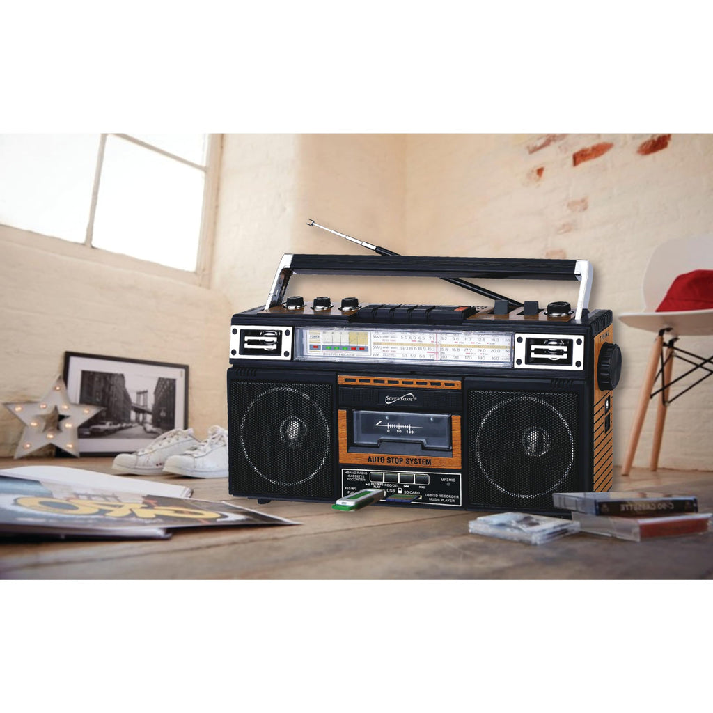 SuperSonic SC-3201BT 4-Band Radio & Cassette Player with Cassette-to-MP3 Converter and Bluetooth - Wood Finish