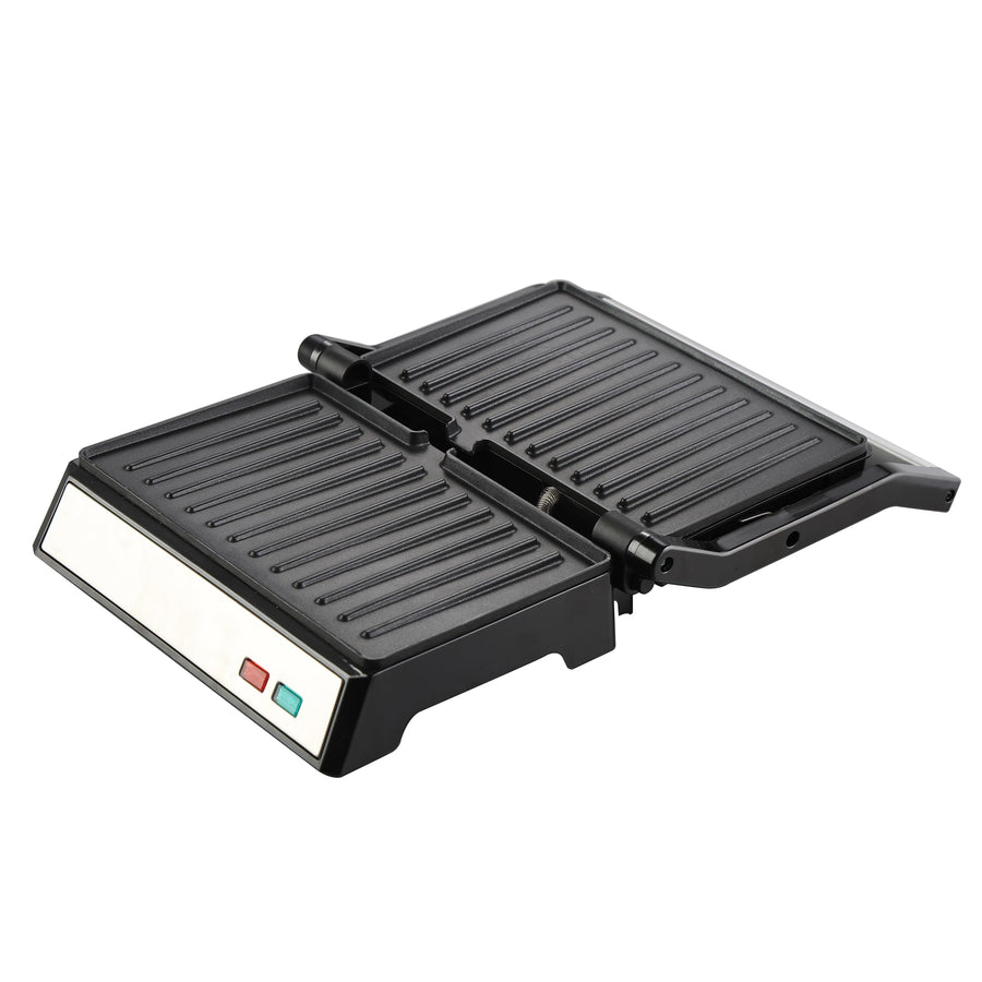 MegaChef MC-D048 Electric Dual Plate Nonstick Panini Grill and Sandwich Press with Drip Tray, Opens Flat to Grill, Silver
