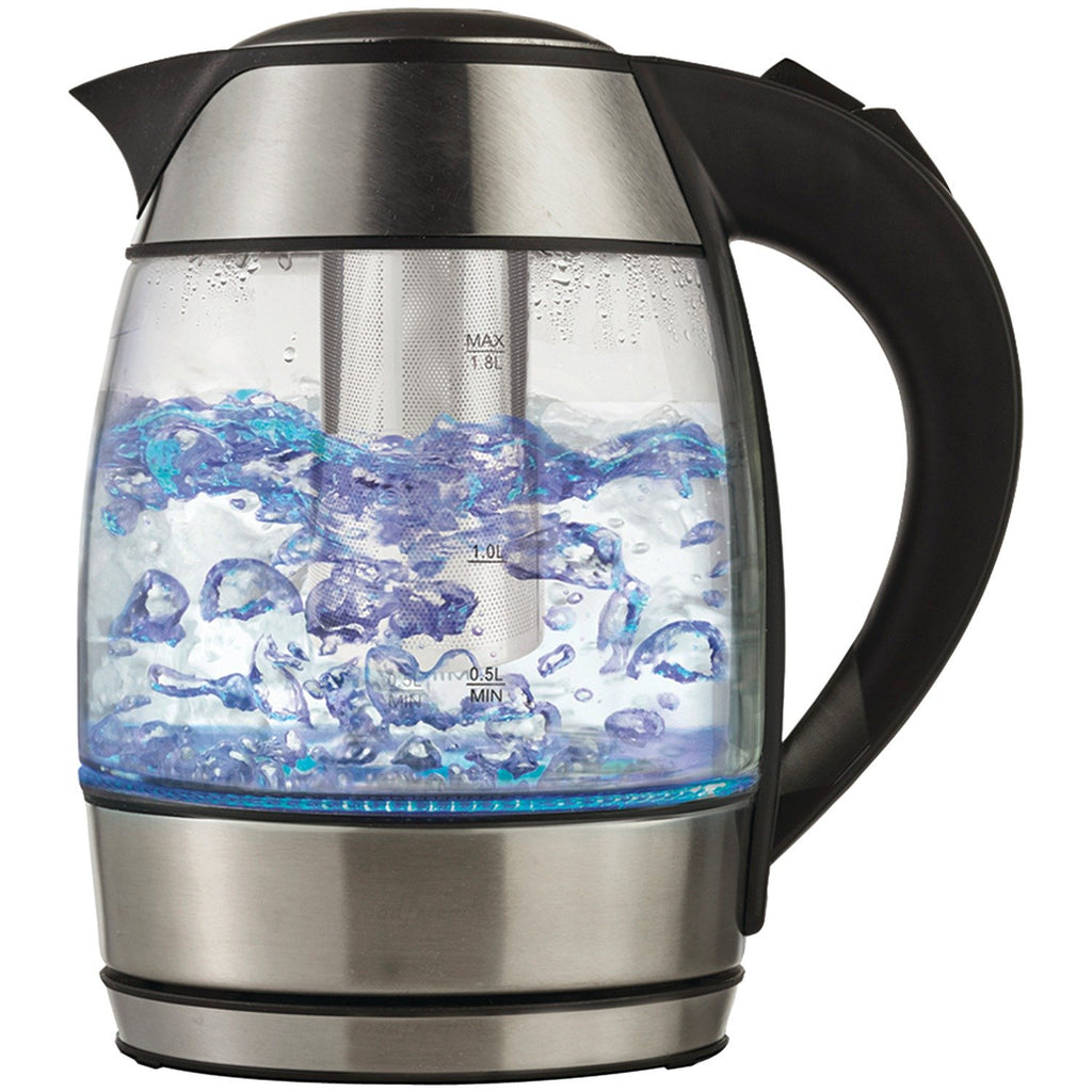 Brentwood KT-1960 1.8L Cordless Glass Electric Kettle with Tea Infuser - Silver, 1100W, Blue LED