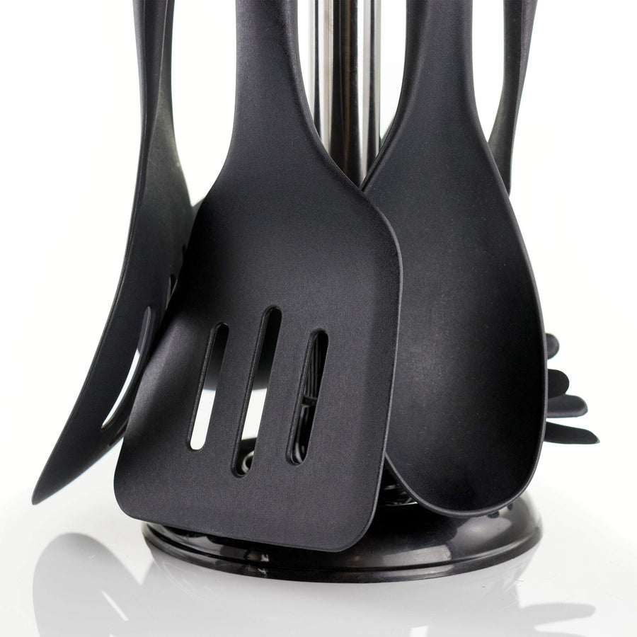 Close up of black nylon spatula and spoon heads