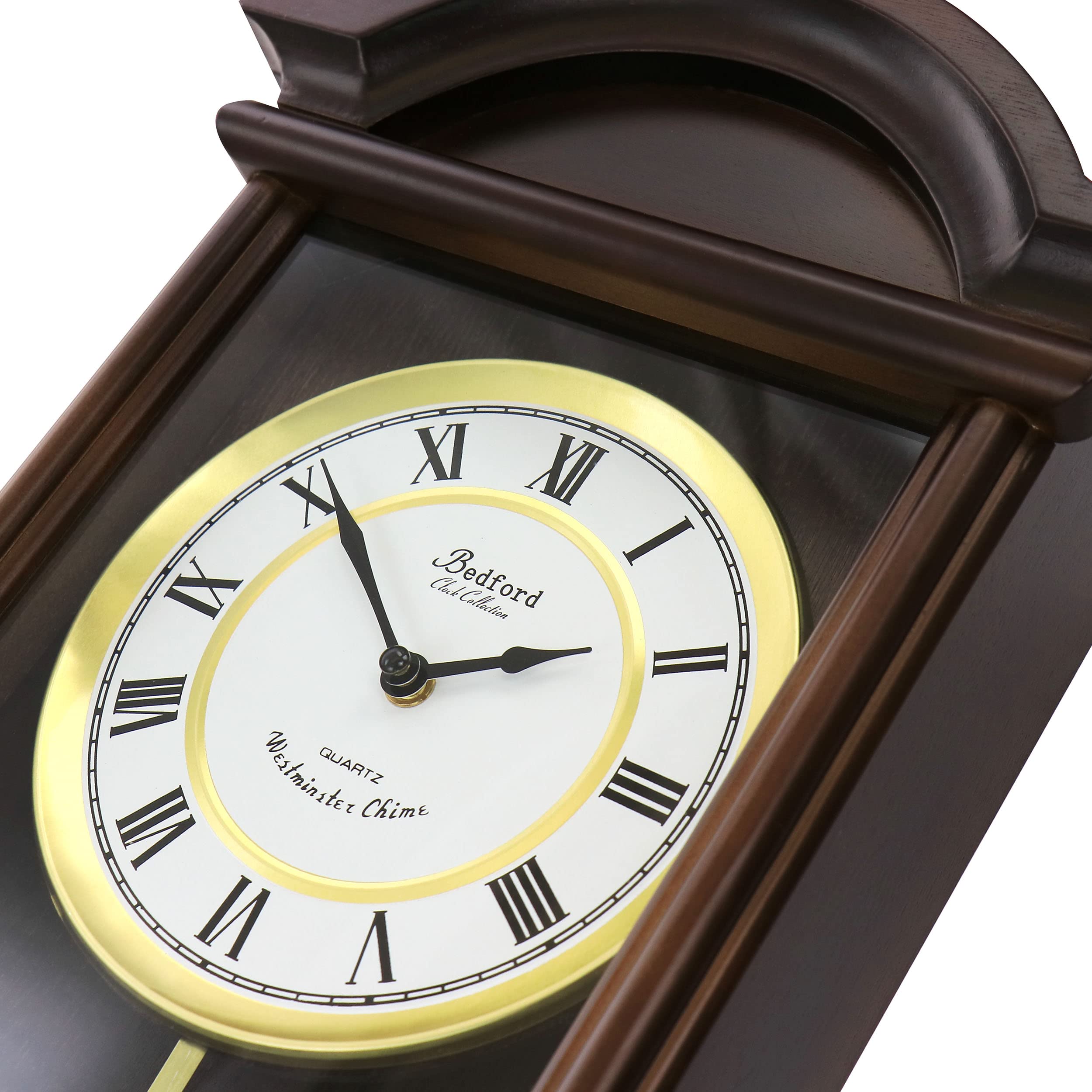 Bedford Clock Collection George 22" Chestnut Wood Chiming Pendulum Wall Clock — Westminster Quartz Heirloom Clock