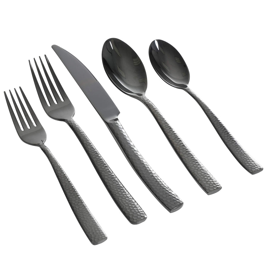 Gibson Elite Stonehenge 20 piece black flatware set with hammered handles