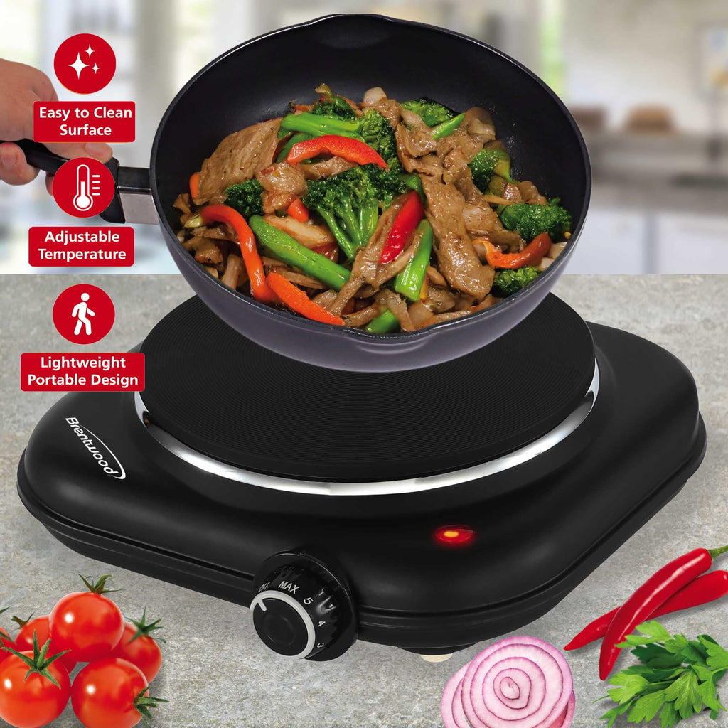 Brentwood TS-331BK 1100W Single Cast Iron Burner Hot Plate - Black, 6.5-Inch Plate with Temperature Control, Works with Any Cookware