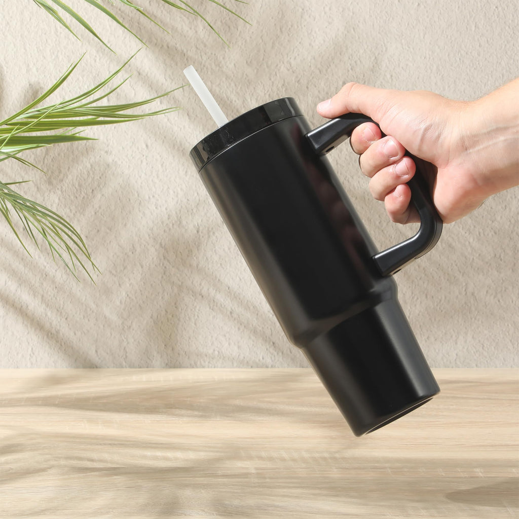 Gibson Home Marina 29 oz Stainless Steel Insulated Tumbler – Black with Side Handle & Straw, Keeps Cold 12 Hours